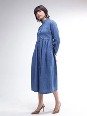 Women Blue Denim Front Button A-Line Midi Dress