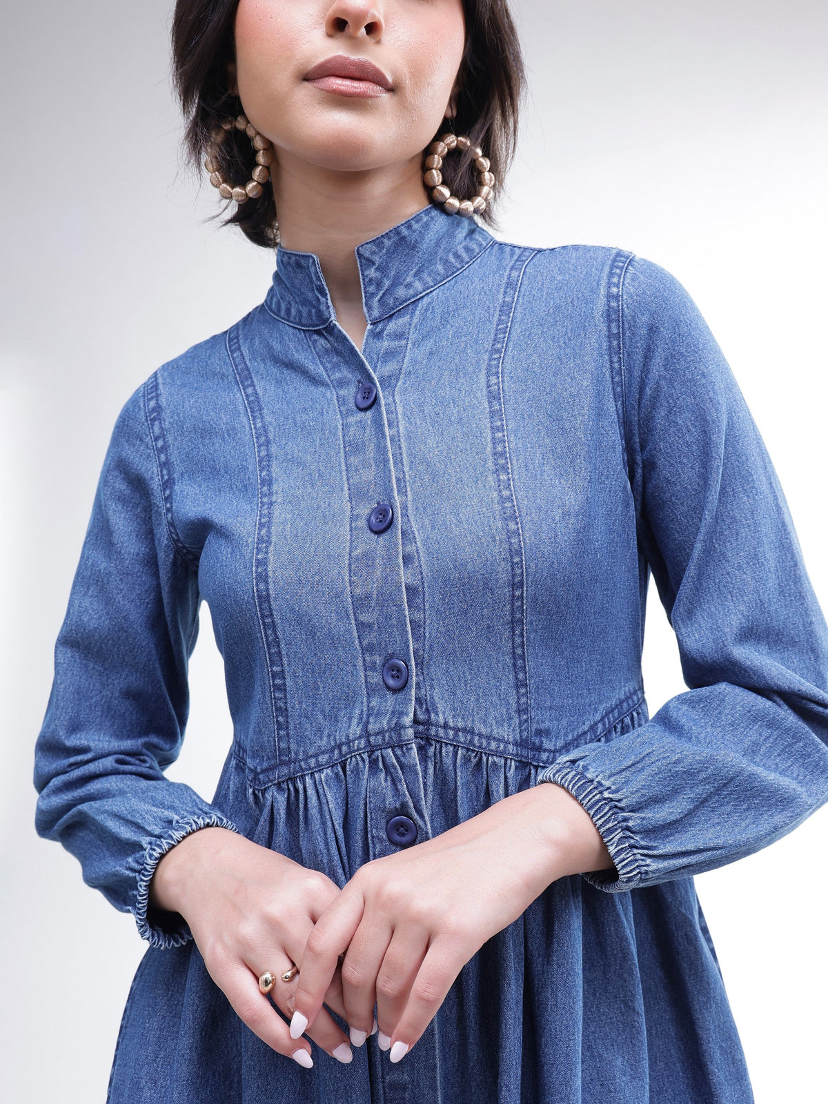 Women Blue Denim Front Button A-Line Midi Dress
