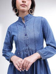 Women Blue Denim Front Button A-Line Midi Dress