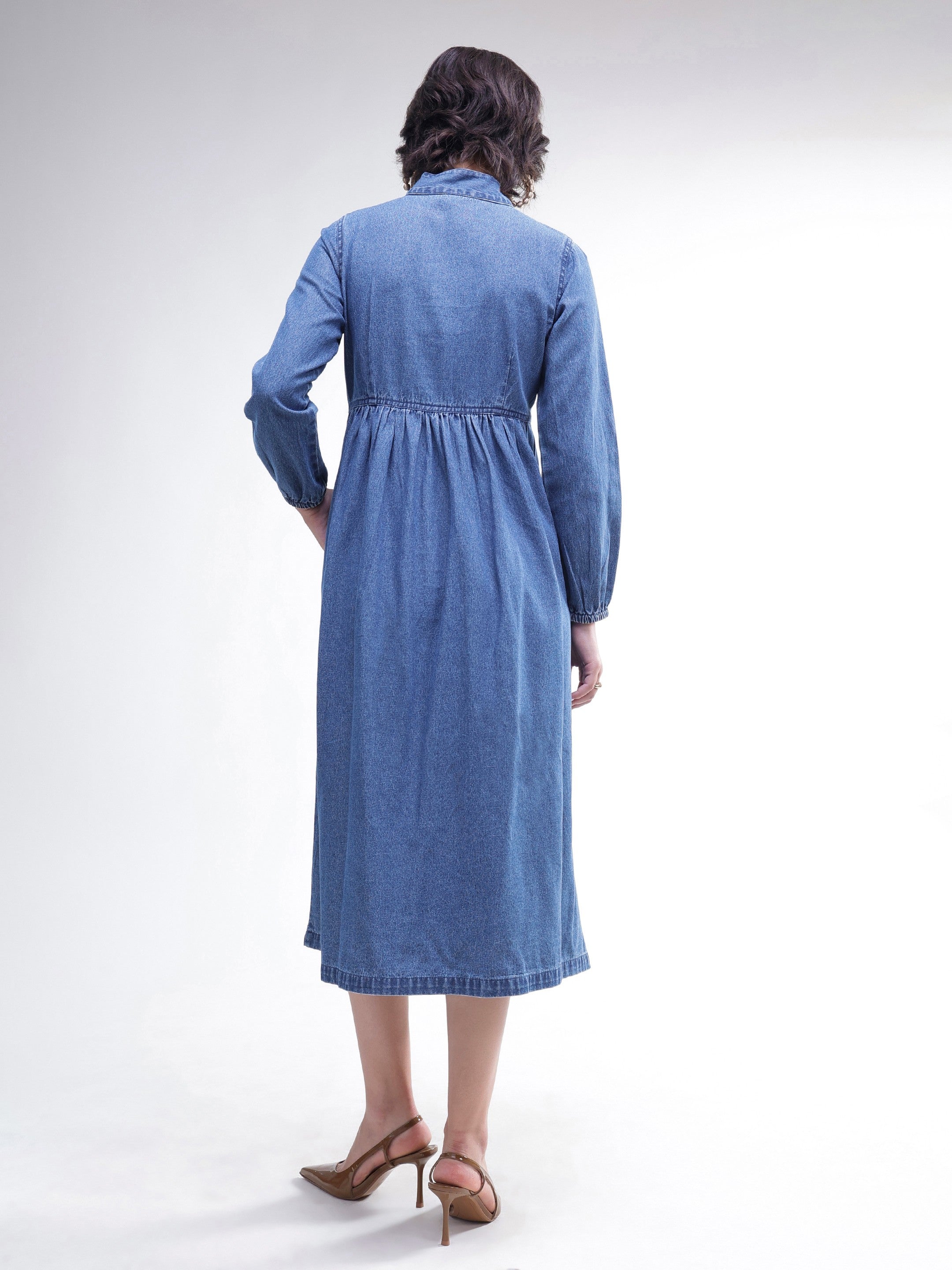 DesiQlo Blue Denim Front Button A-Line Midi Dress - Blue