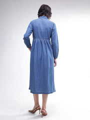 Women Blue Denim Front Button A-Line Midi Dress