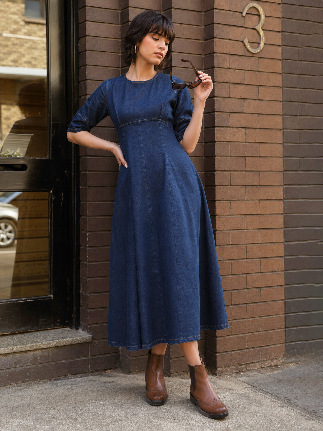 DesiQlo Navy Denim Short Sleeves Midi Dress - Navy Blue