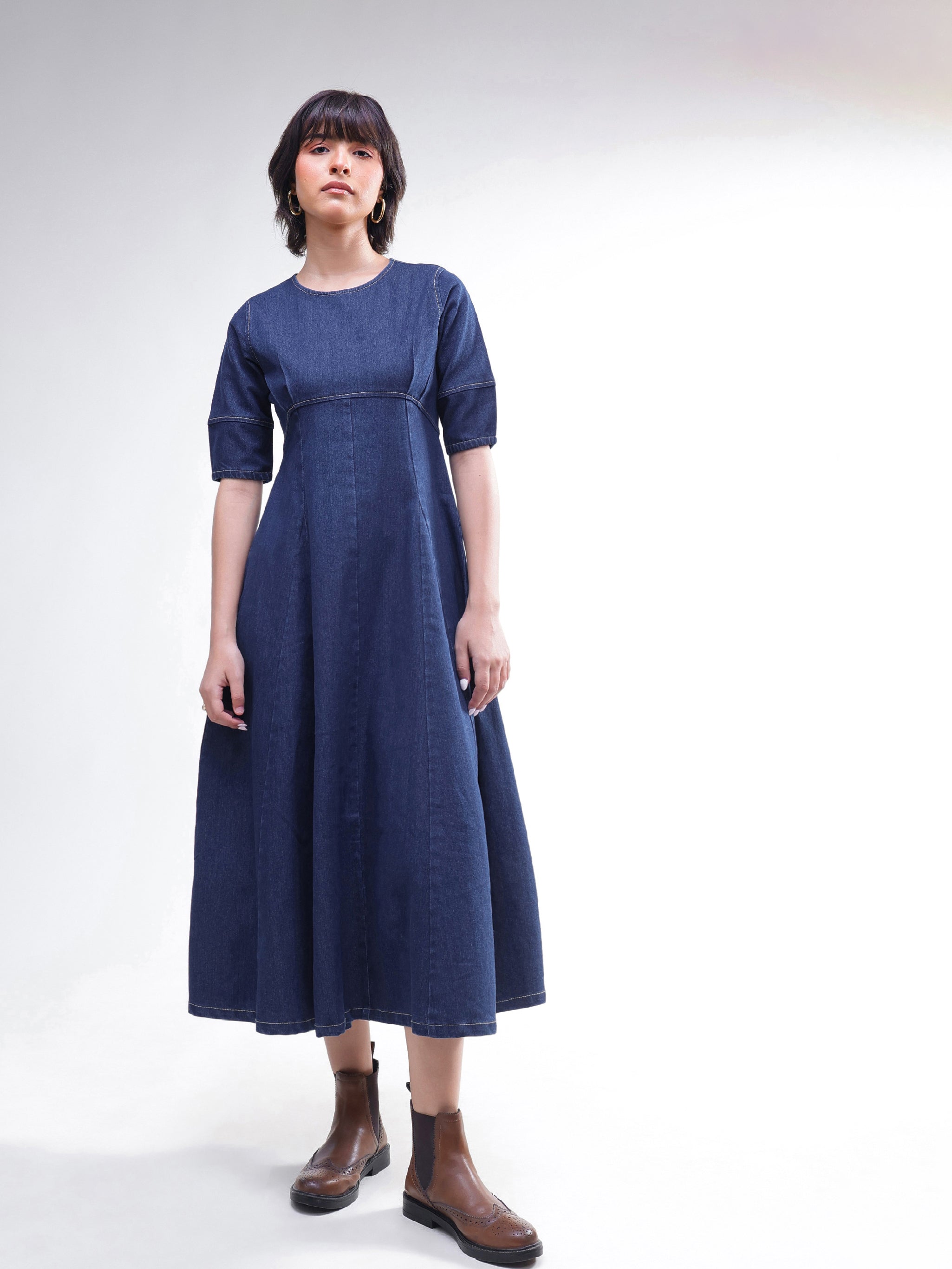 DesiQlo Navy Denim Short Sleeves Midi Dress - Navy Blue