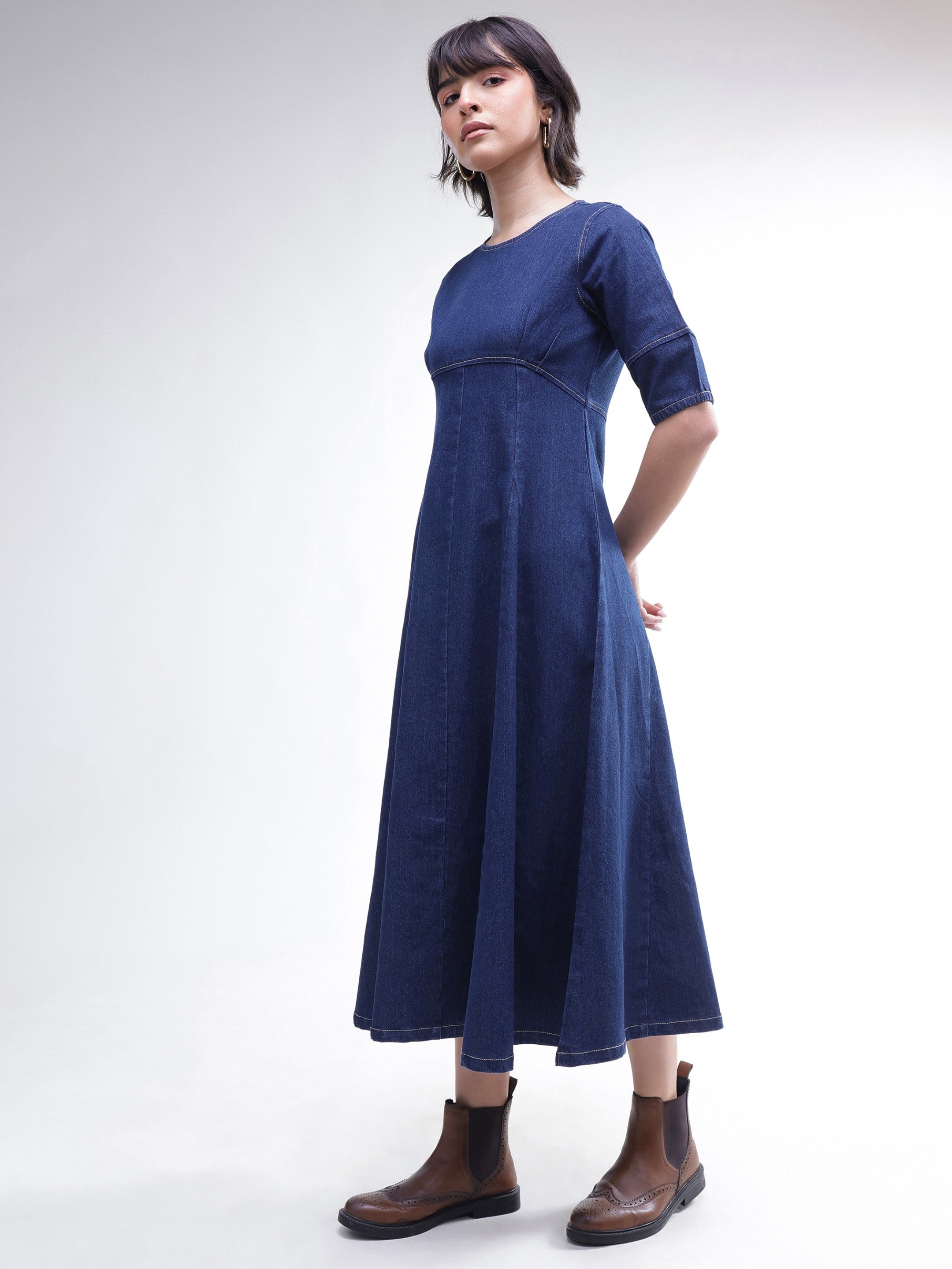 DesiQlo Navy Denim Short Sleeves Midi Dress - Navy Blue