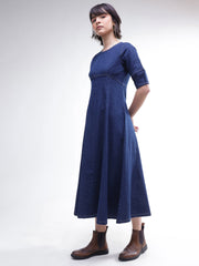 Women Navy Denim Short Sleeves Midi Dress
