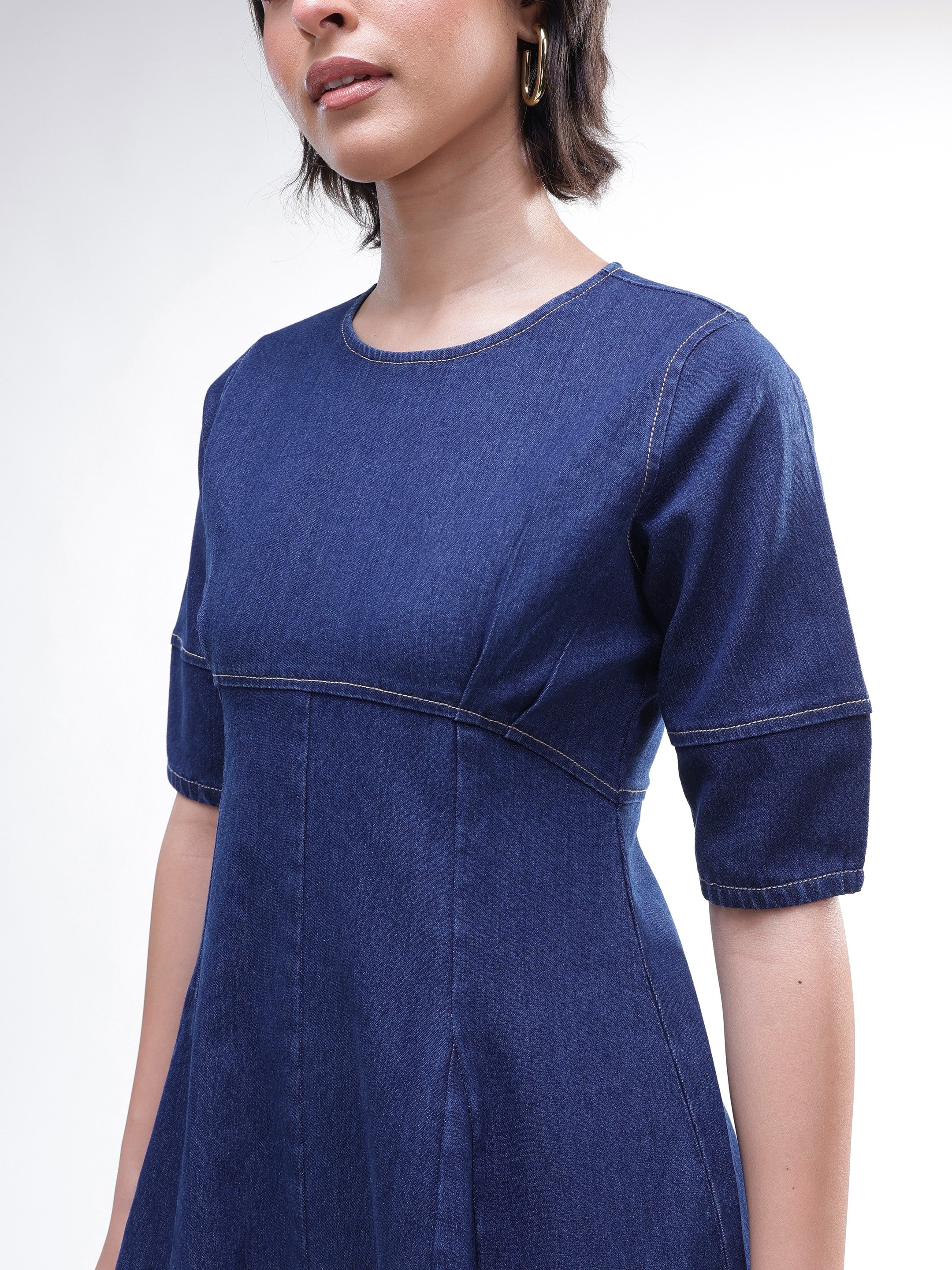 DesiQlo Navy Denim Short Sleeves Midi Dress - Navy Blue