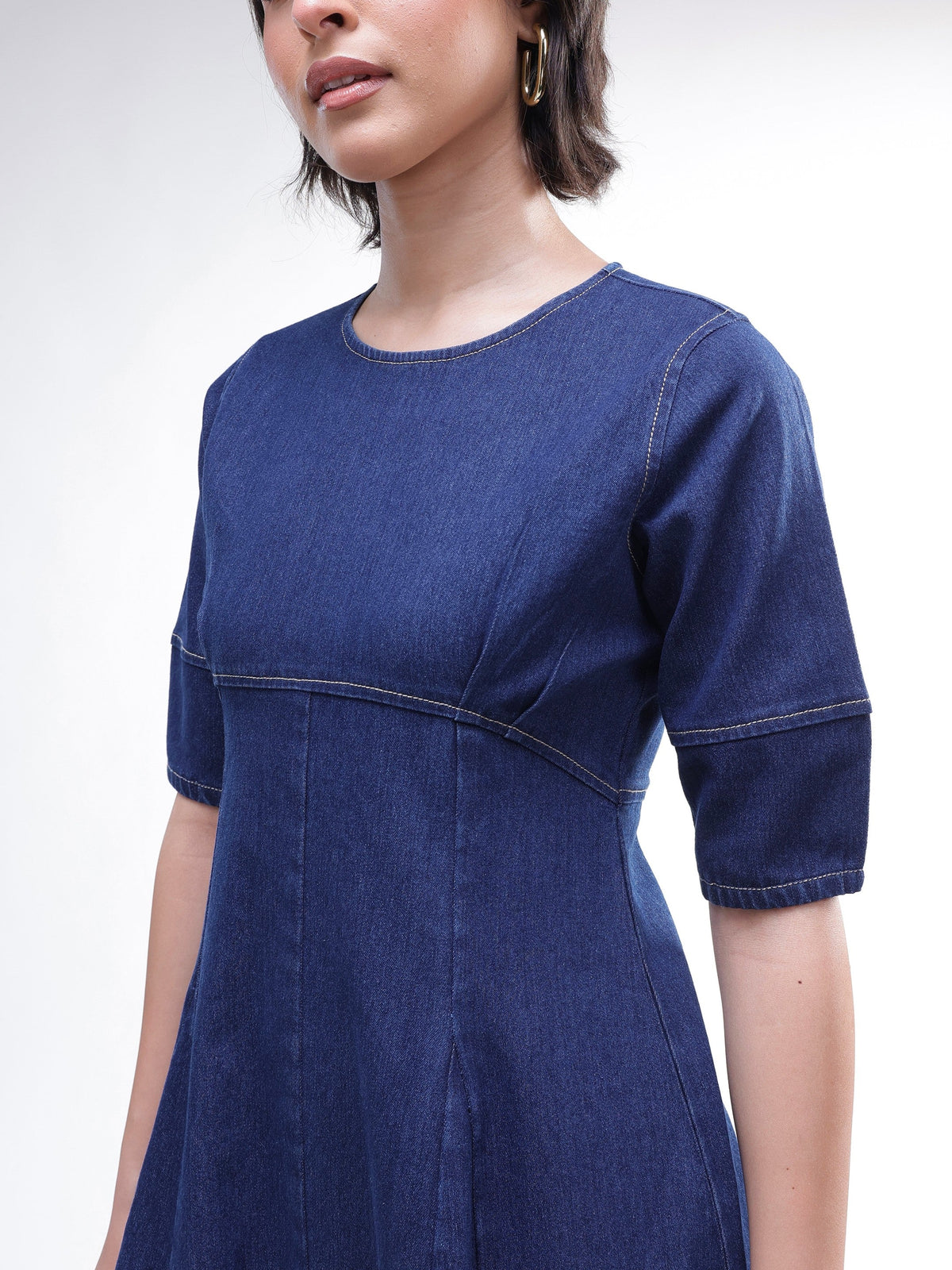 Women Navy Denim Short Sleeves Midi Dress