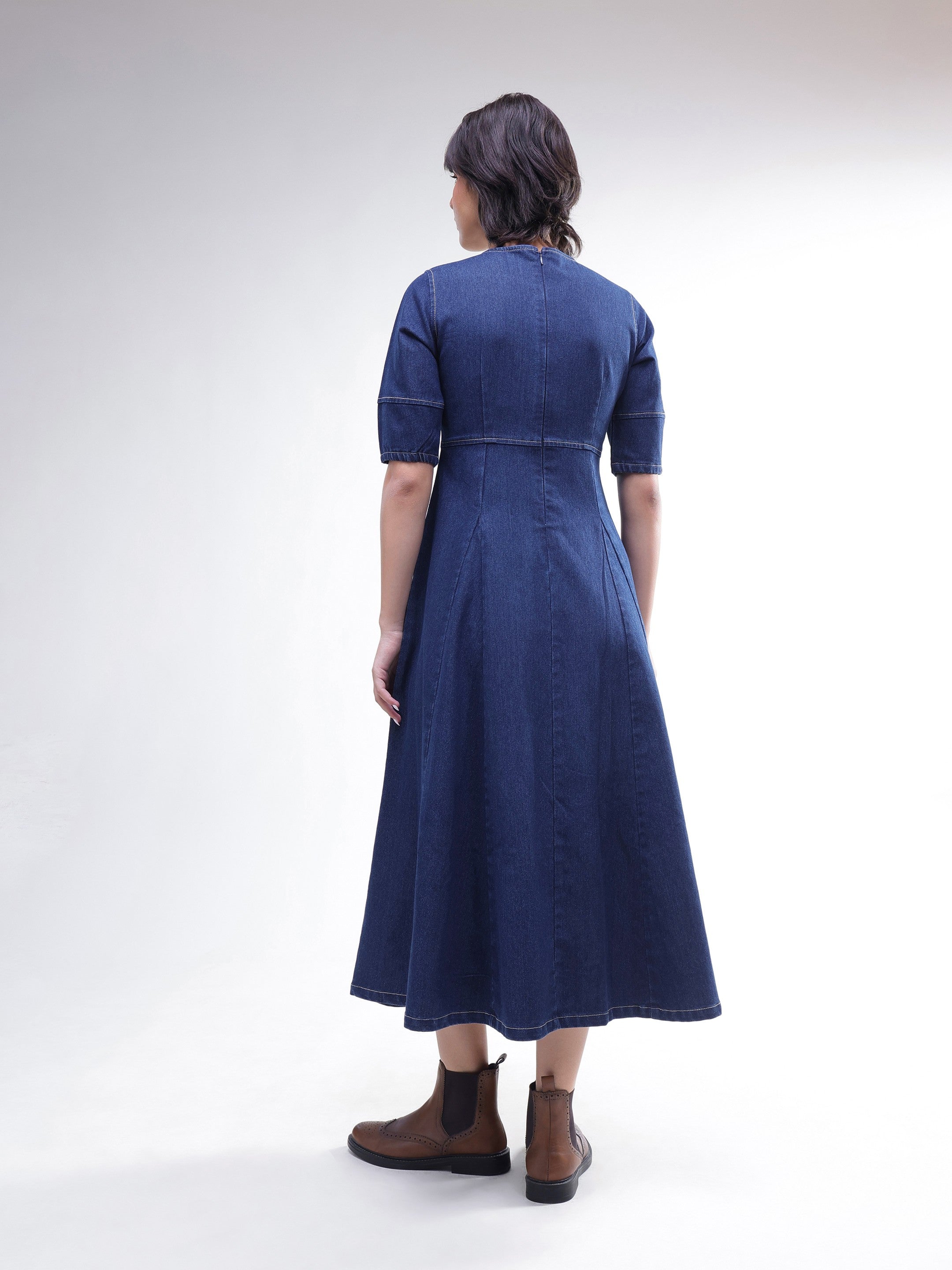DesiQlo Navy Denim Short Sleeves Midi Dress - Navy Blue