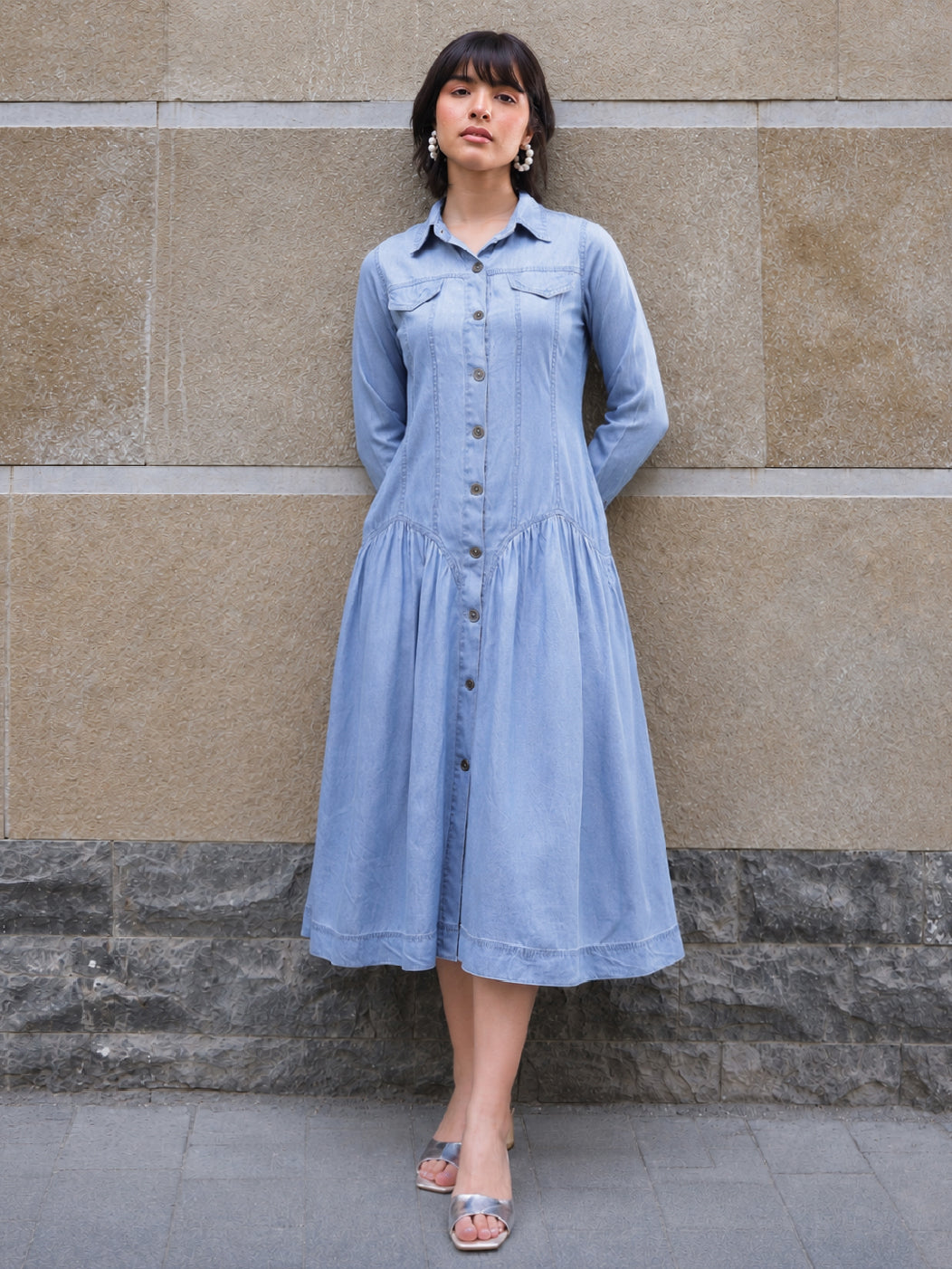 DesiQlo Blue Tencel Drop Waist Full Sleeve Maxi Dress - Blue