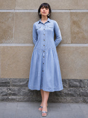 Women Blue Tencel Drop Waist Full Sleeve Maxi Dress