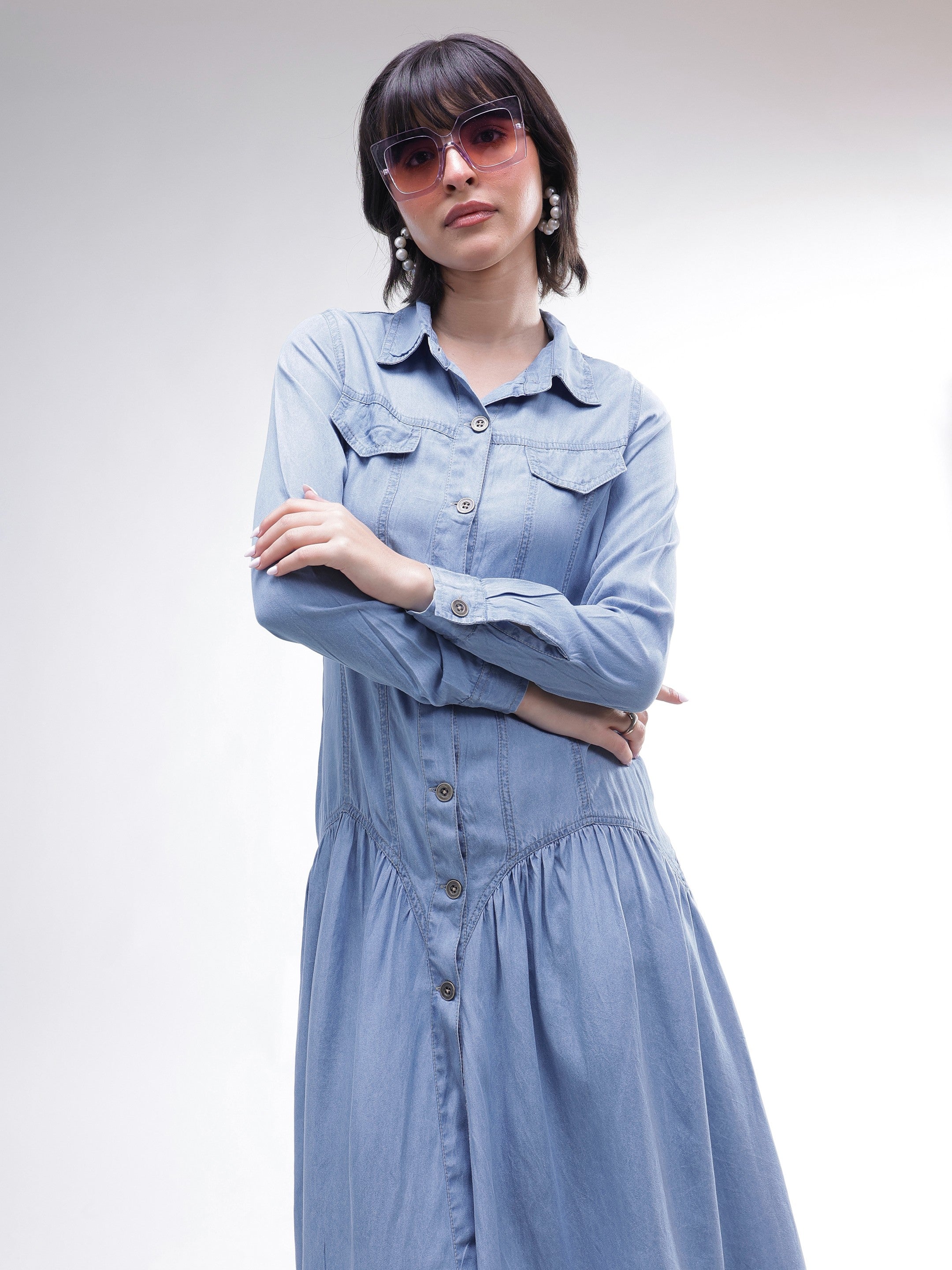 DesiQlo Blue Tencel Drop Waist Full Sleeve Maxi Dress - Blue