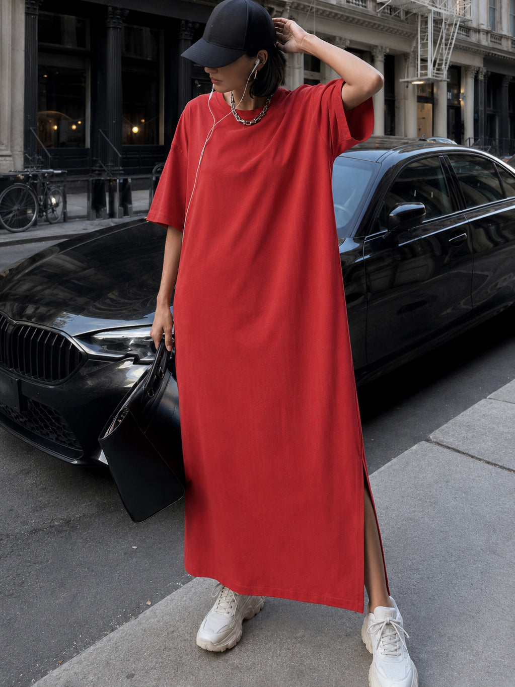 DesiQlo Red Oversized Round Neck T-Shirt Maxi Dress - Red