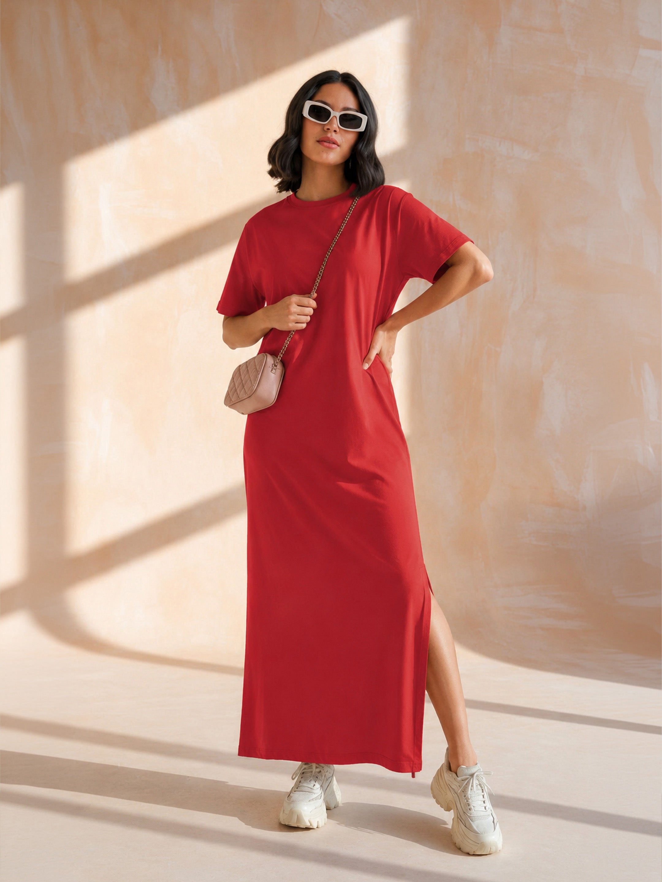 DesiQlo Red Oversized Round Neck T-Shirt Maxi Dress - Red