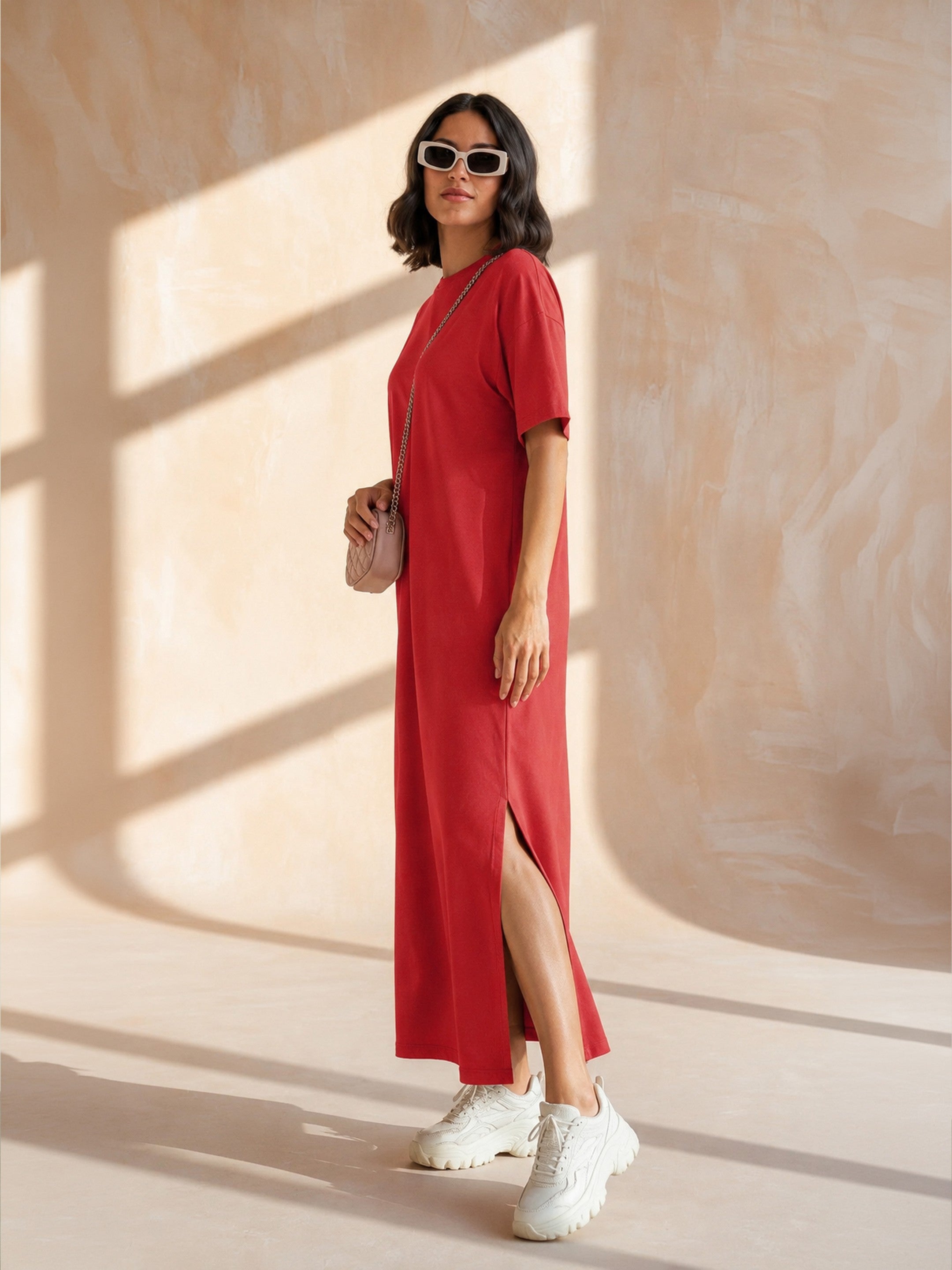 DesiQlo Red Oversized Round Neck T-Shirt Maxi Dress - Red