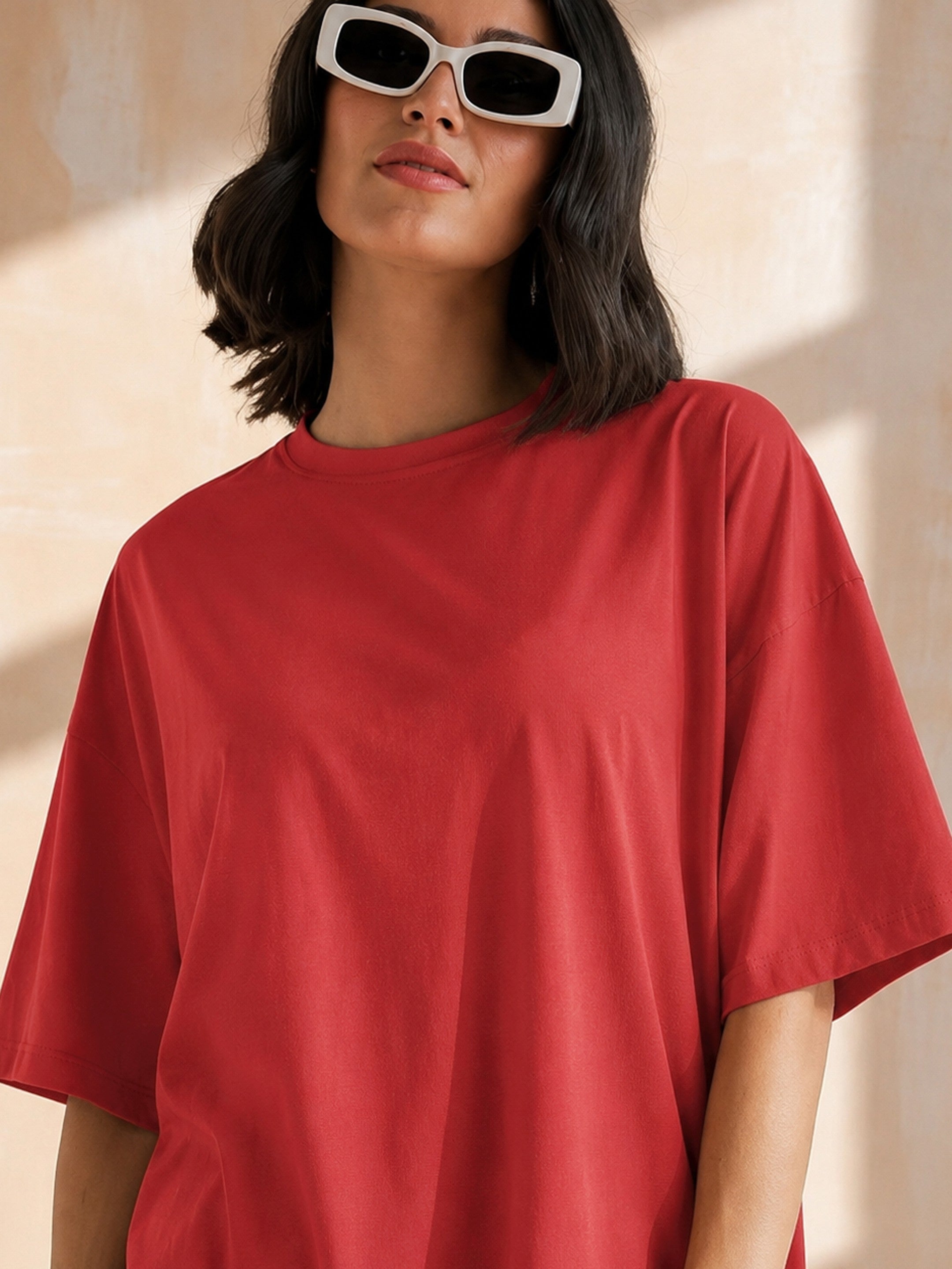 DesiQlo Red Oversized Round Neck T-Shirt Maxi Dress - Red