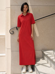 Women Red Oversized Polo Neck T-Shirt Maxi Dress