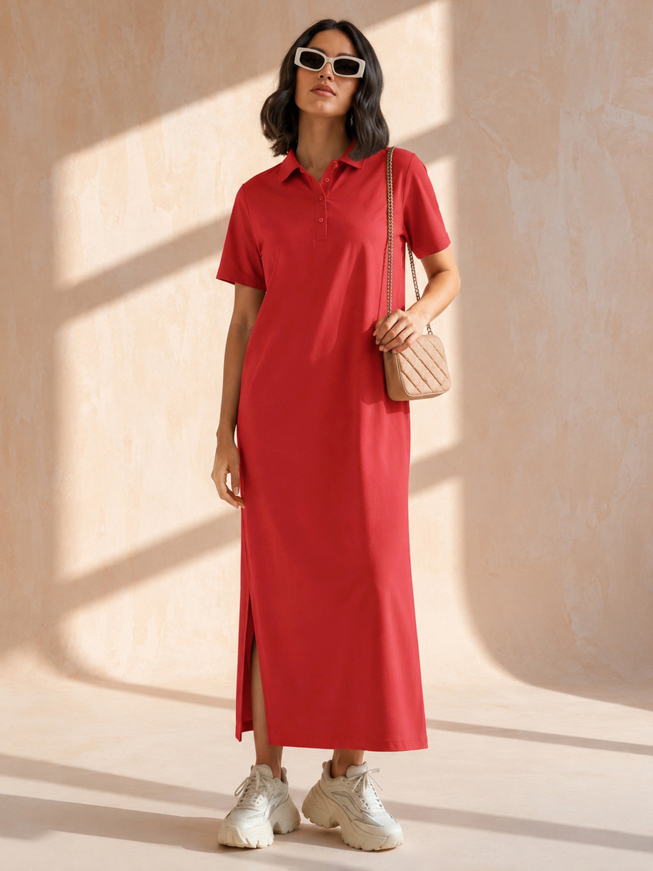 DesiQlo Red Oversized Polo Neck T-Shirt Maxi Dress - Red