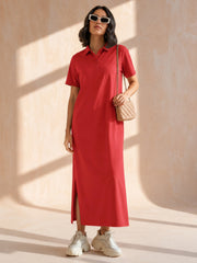 Women Red Oversized Polo Neck T-Shirt Maxi Dress