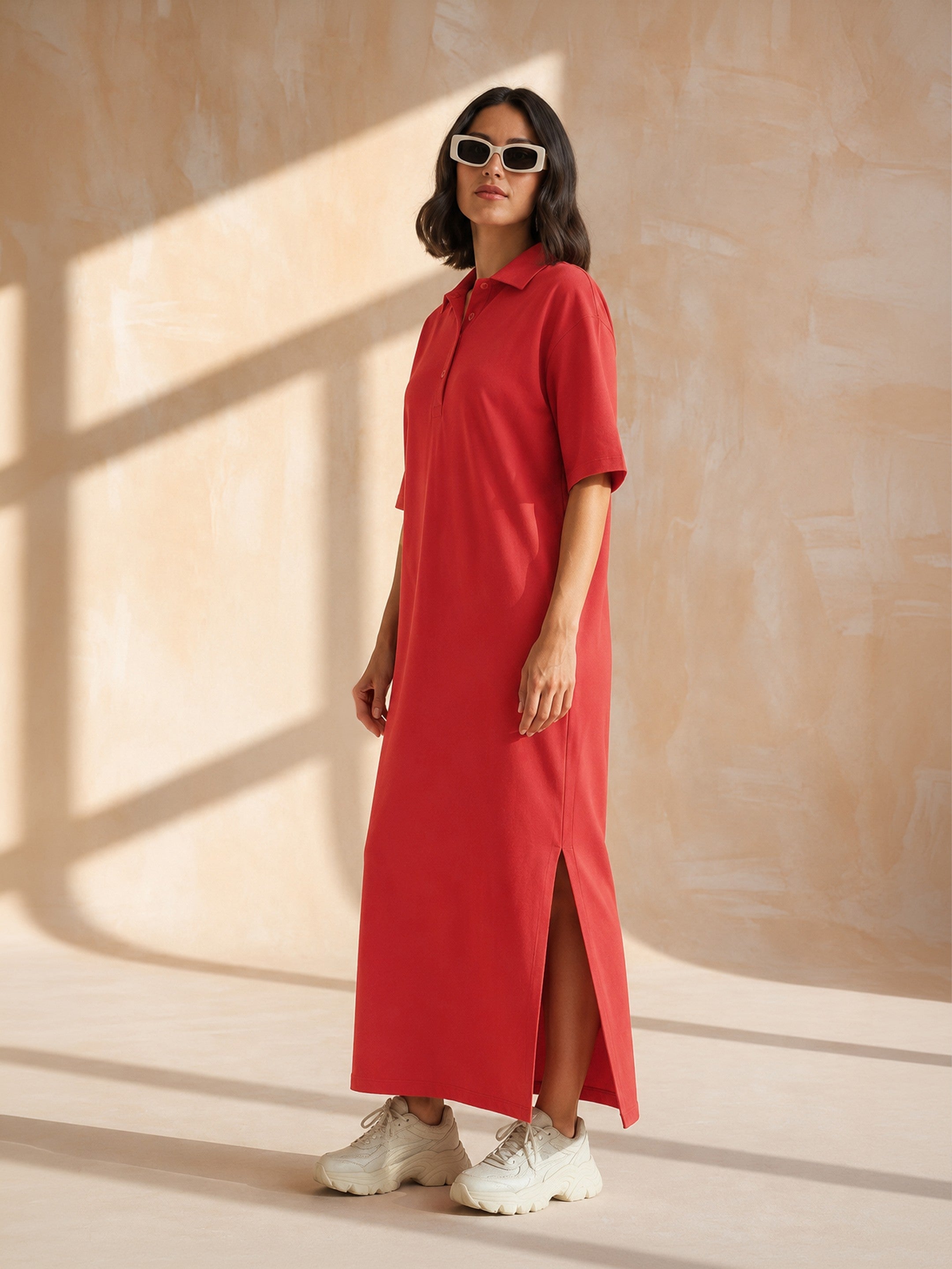 DesiQlo Red Oversized Polo Neck T-Shirt Maxi Dress - Red