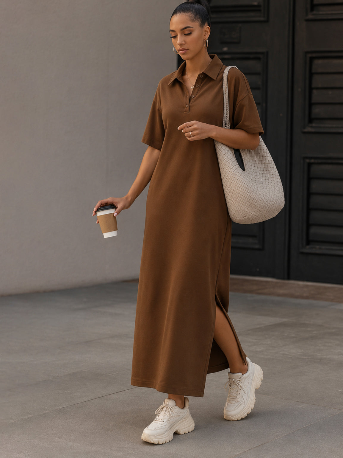 DesiQlo Brown Oversized Polo Neck T-Shirt Maxi Dress - Brown