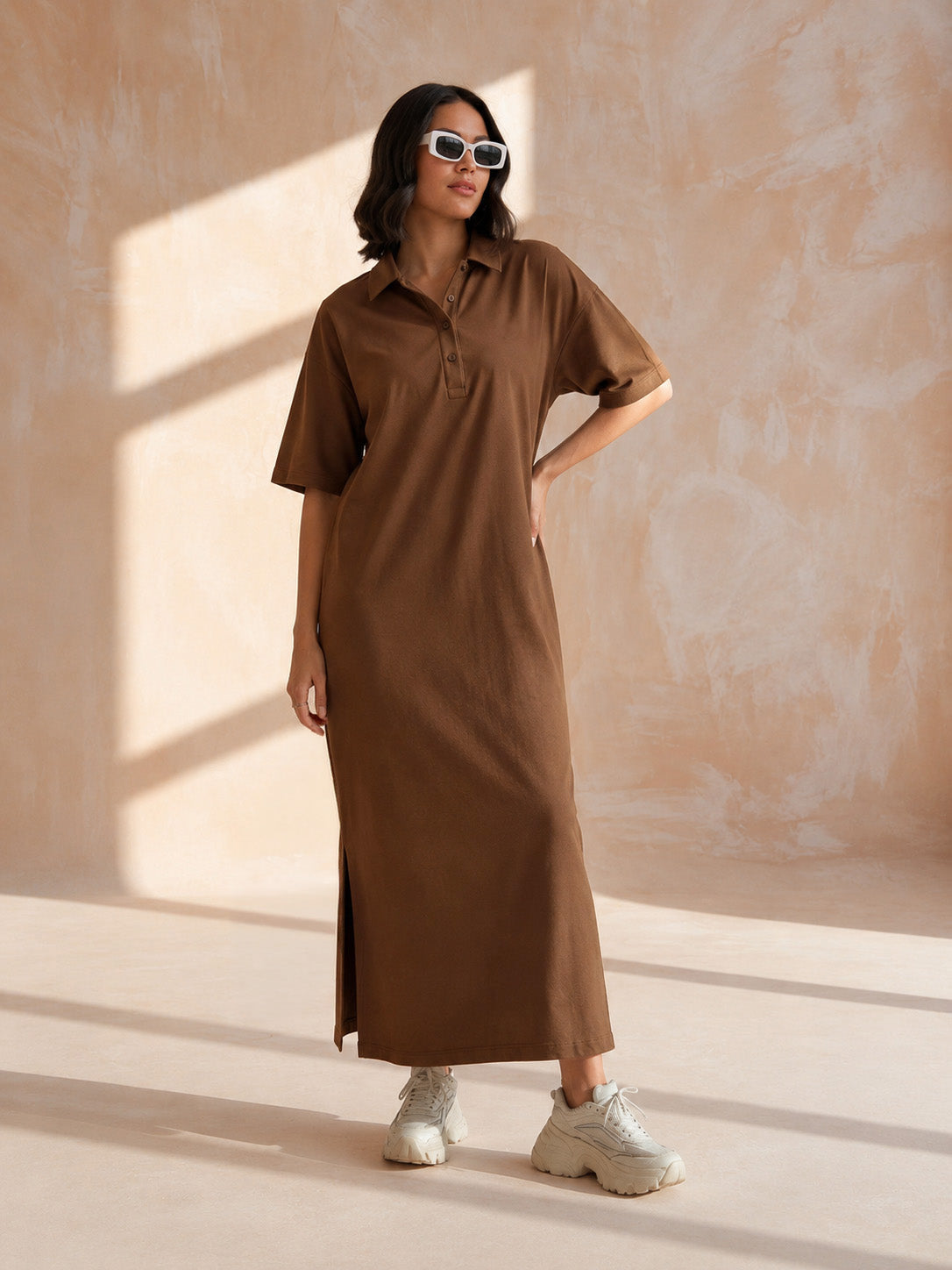 DesiQlo Brown Oversized Polo Neck T-Shirt Maxi Dress - Brown