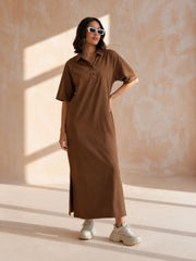Women Brown Oversized Polo Neck T-Shirt Maxi Dress