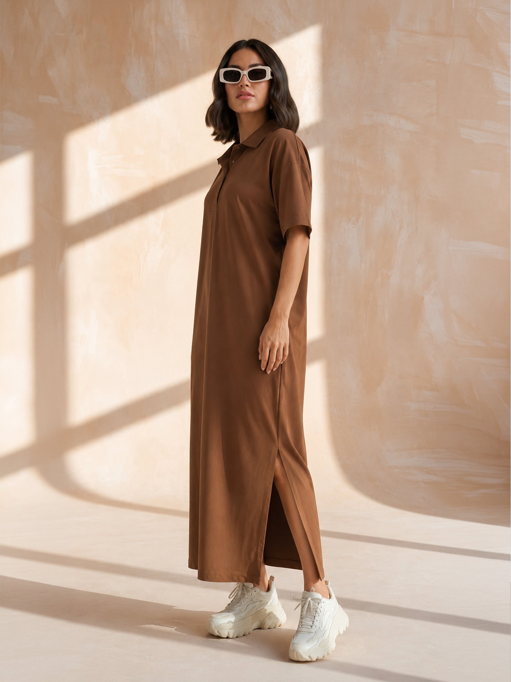 DesiQlo Brown Oversized Polo Neck T-Shirt Maxi Dress - Brown