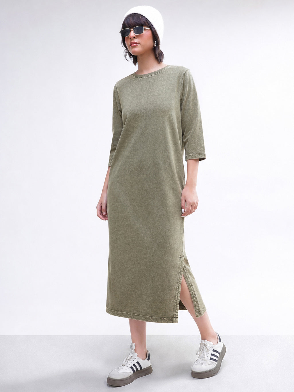DesiQlo Green Overdyed Long Sleeves T-Shirt Maxi Dress - Green