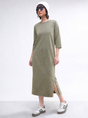 Women Green Overdyed Long Sleeves T-Shirt Maxi Dress