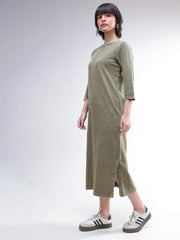Women Green Overdyed Long Sleeves T-Shirt Maxi Dress