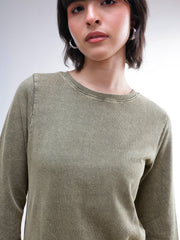 Women Green Overdyed Long Sleeves T-Shirt Maxi Dress
