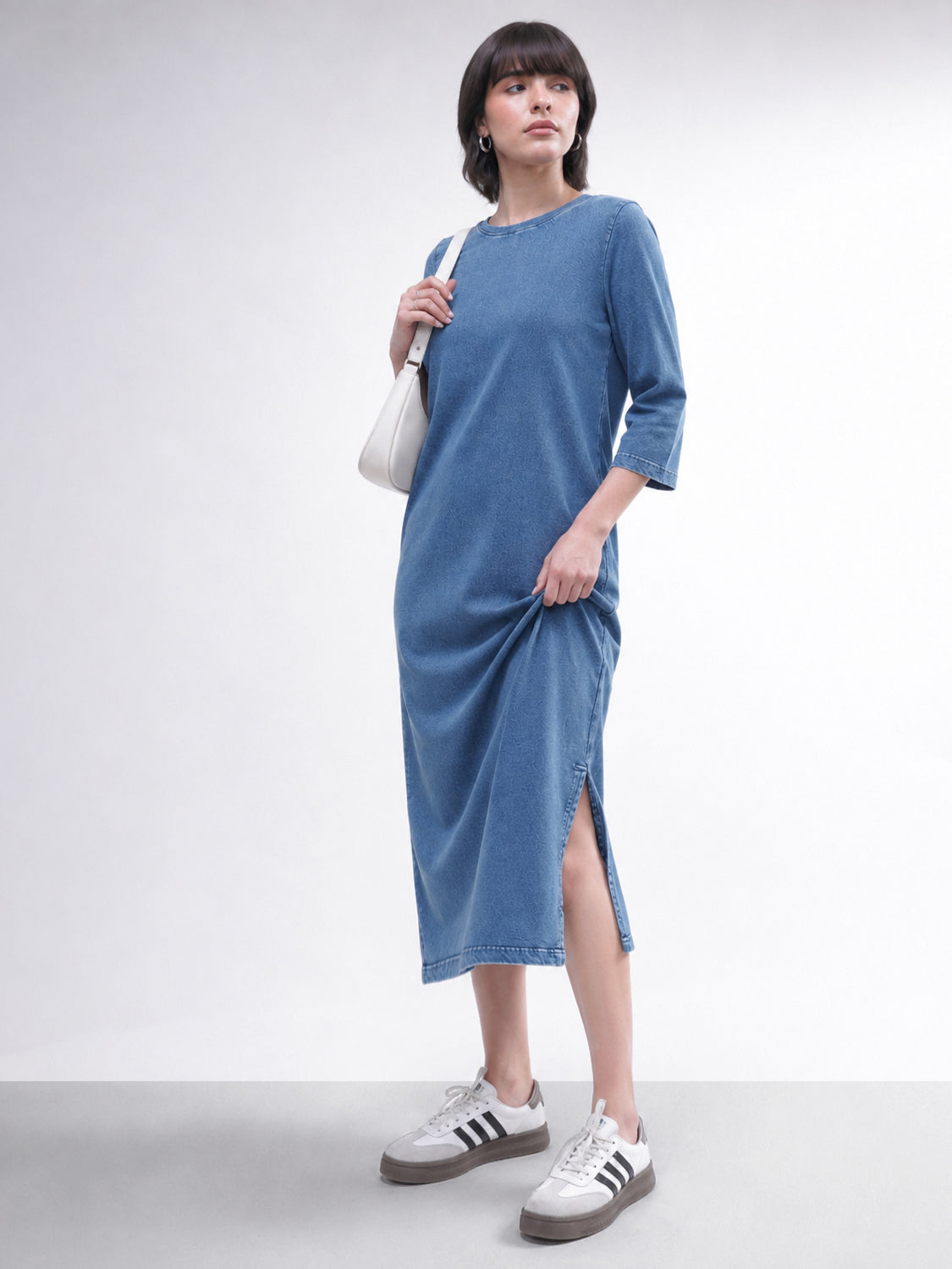 DesiQlo Blue Overdyed Long Sleeves T-Shirt Midi Dress - Blue
