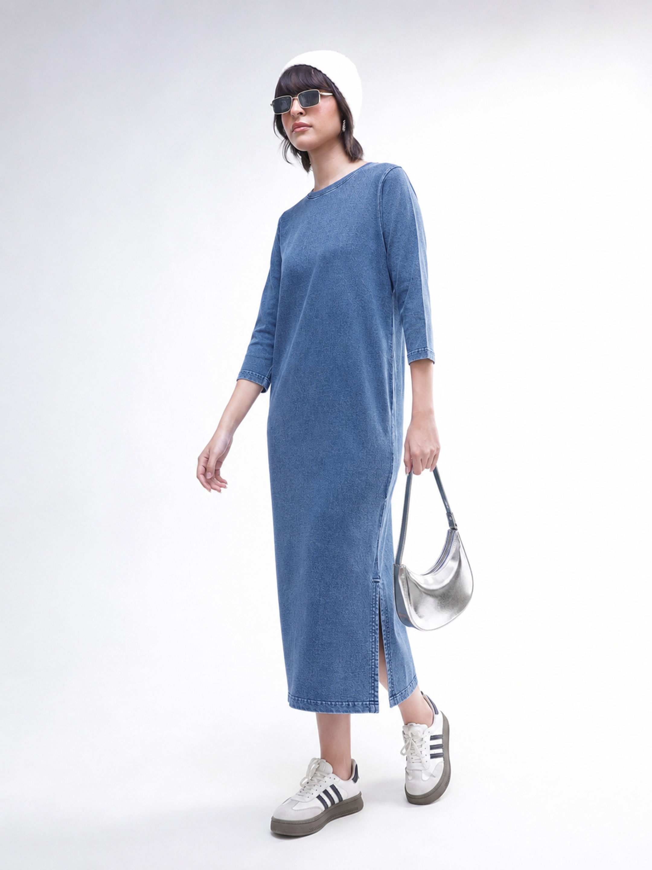 DesiQlo Blue Overdyed Long Sleeves T-Shirt Midi Dress - Blue