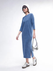 Women Blue Overdyed Long Sleeves T-Shirt Midi Dress