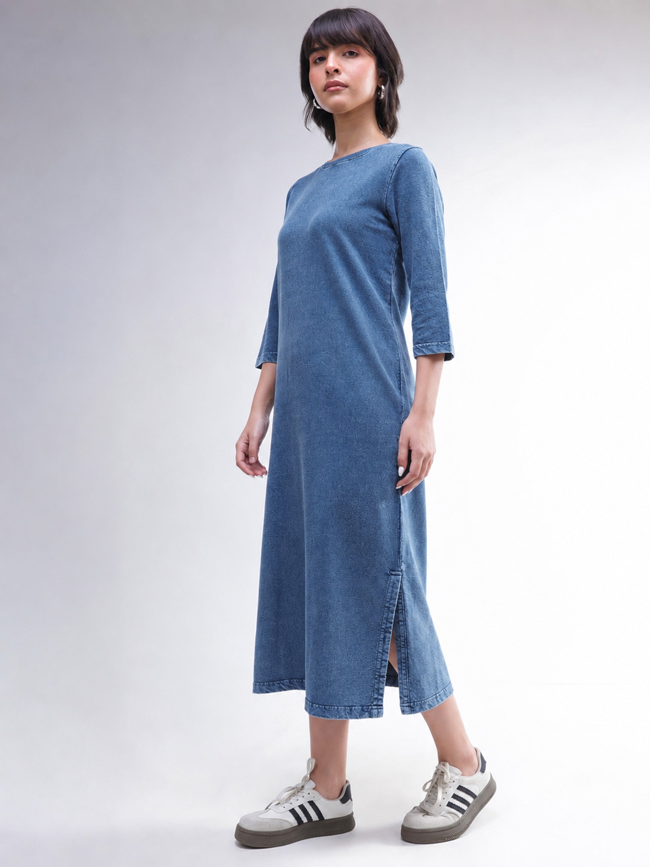 DesiQlo Blue Overdyed Long Sleeves T-Shirt Midi Dress - Blue