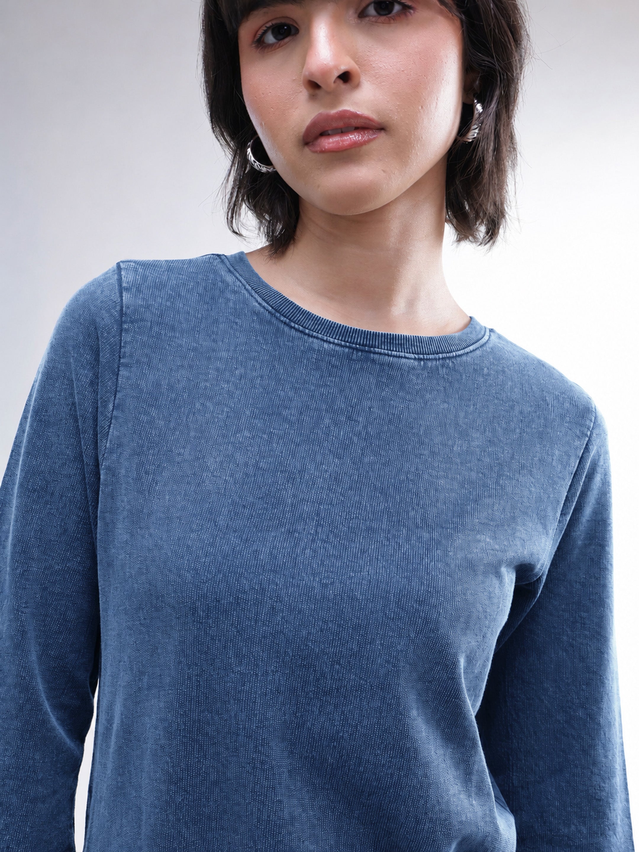 DesiQlo Blue Overdyed Long Sleeves T-Shirt Midi Dress - Blue