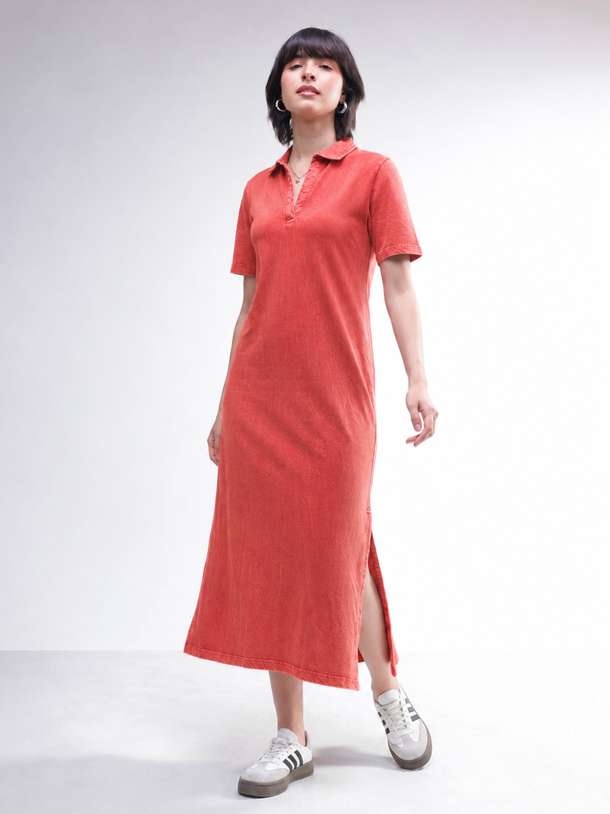 DesiQlo Red Overdyed Polo Neck T-Shirt Midi Dress - Red