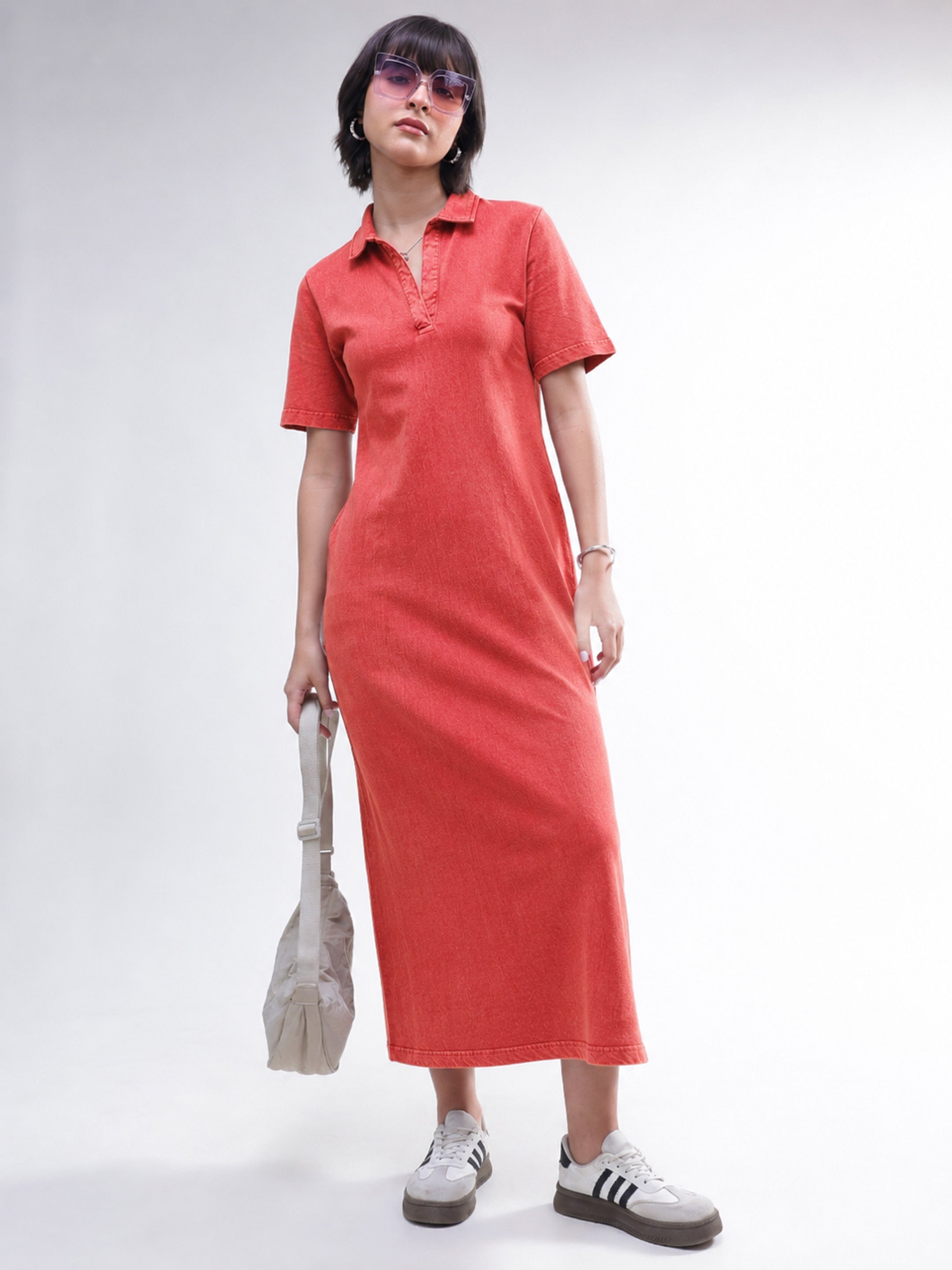 DesiQlo Red Overdyed Polo Neck T-Shirt Midi Dress - Red