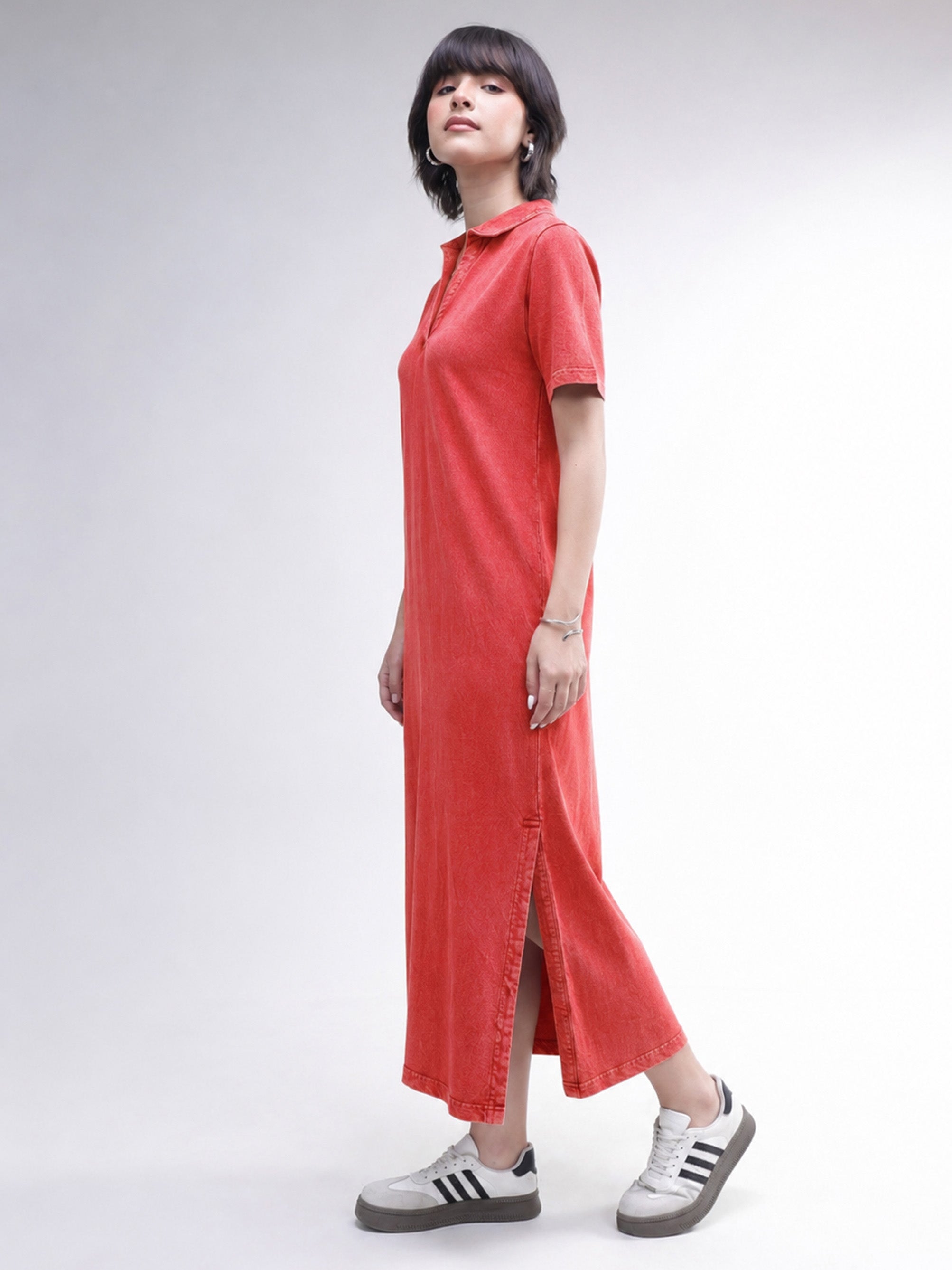 DesiQlo Red Overdyed Polo Neck T-Shirt Midi Dress - Red