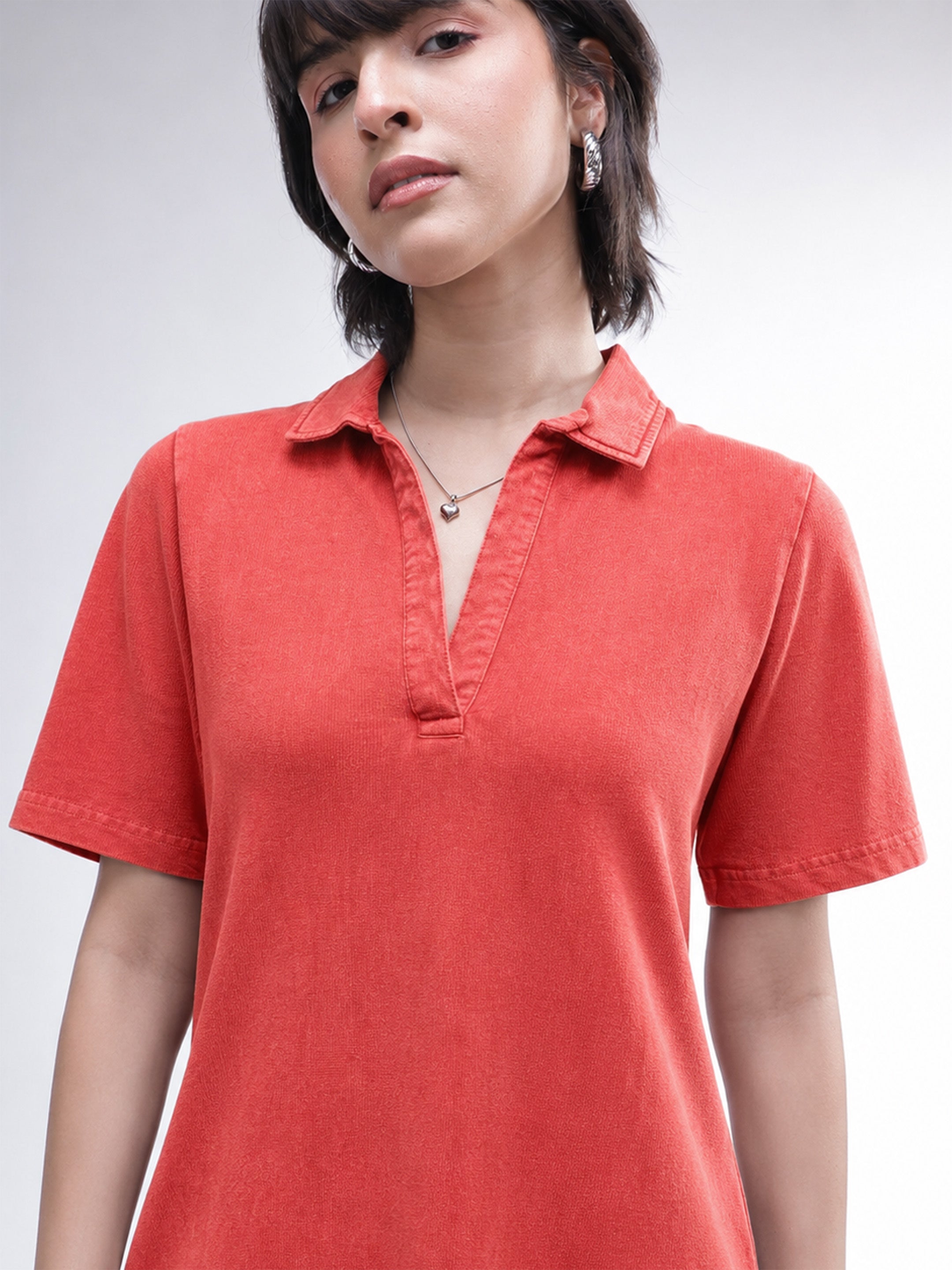 DesiQlo Red Overdyed Polo Neck T-Shirt Midi Dress - Red