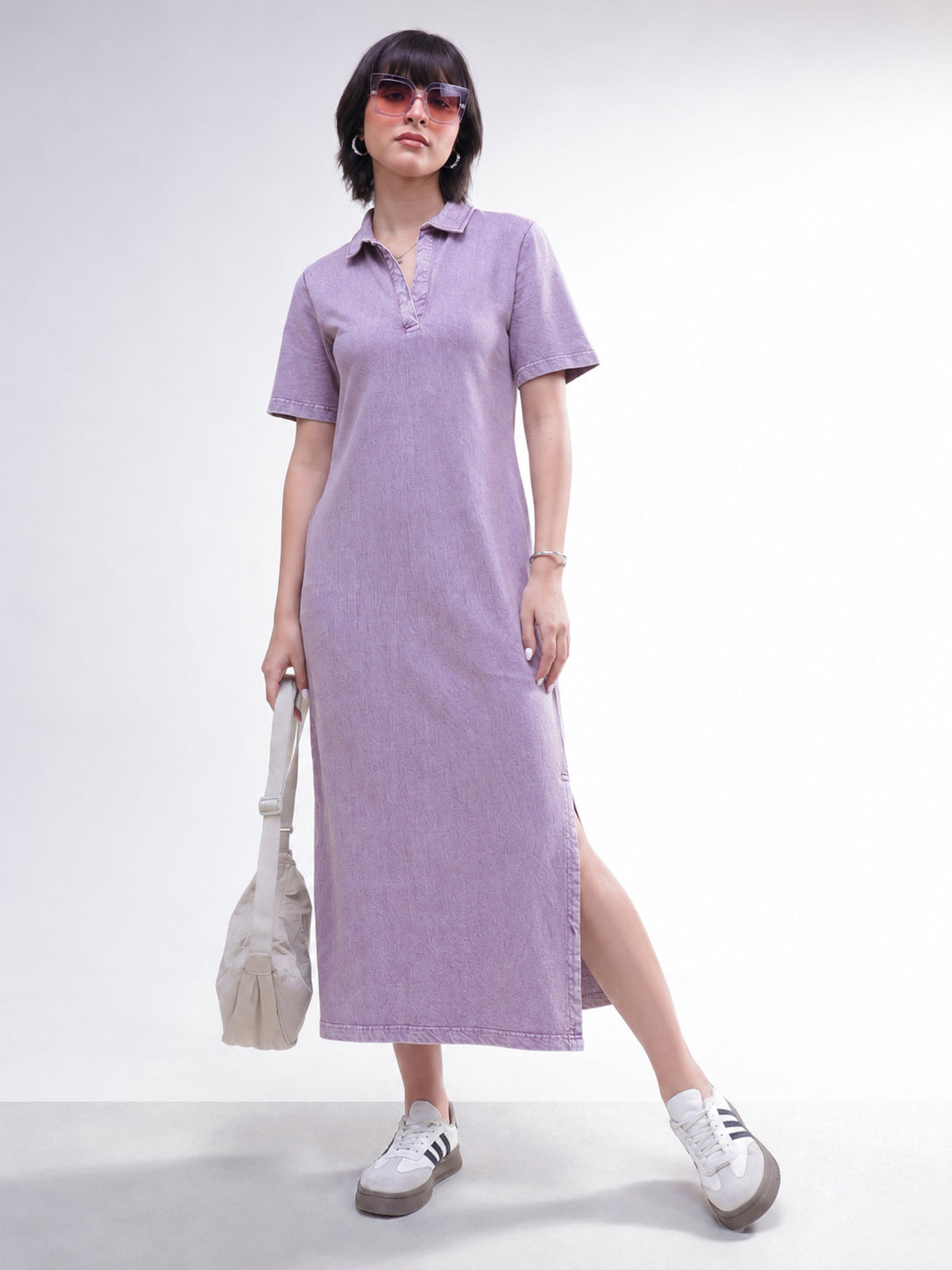 Women Lavender Overdyed Polo Neck T-Shirt Maxi Dress
