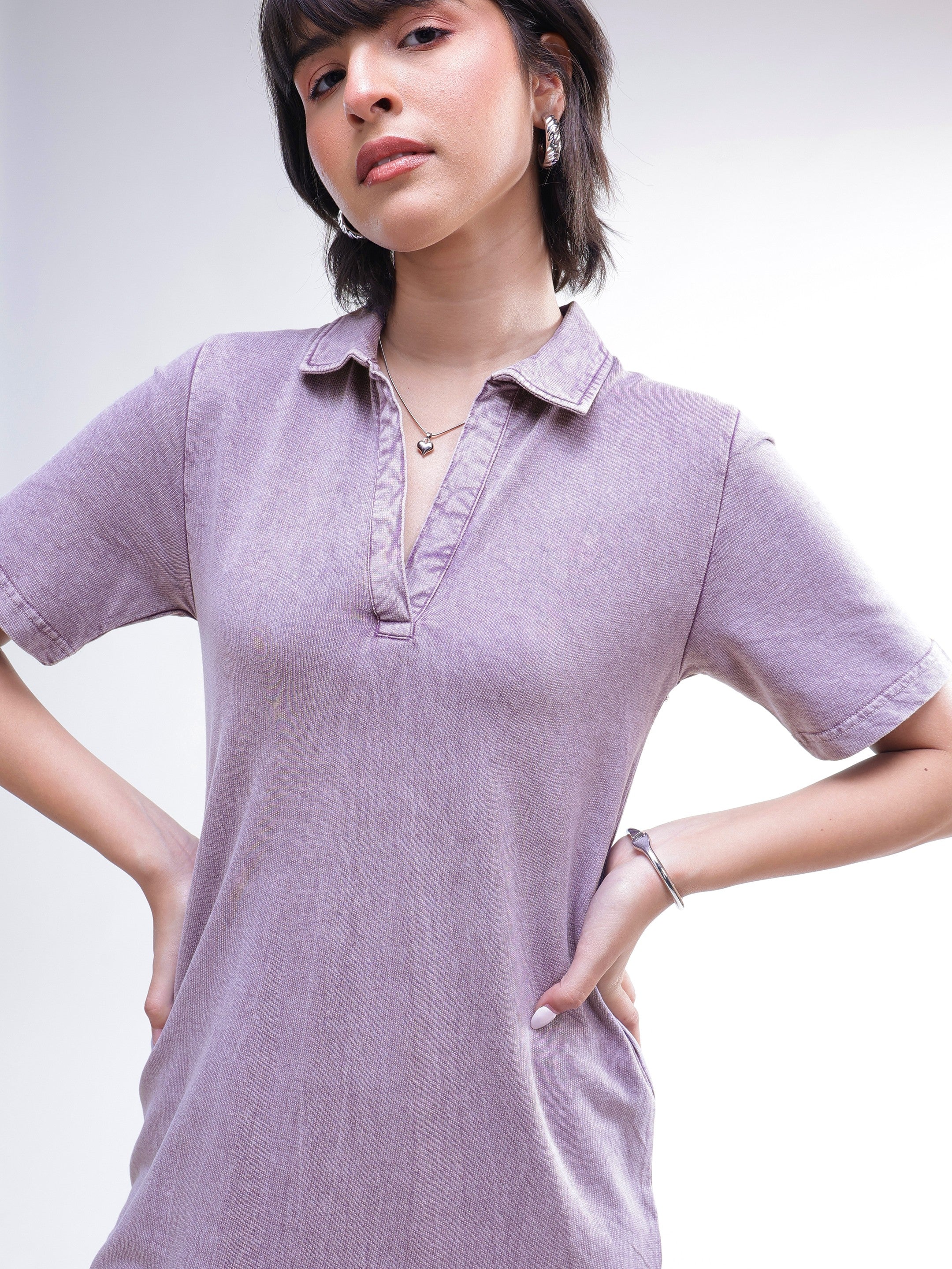 DesiQlo Lavender Overdyed Polo Neck T-Shirt Maxi Dress - Lilac