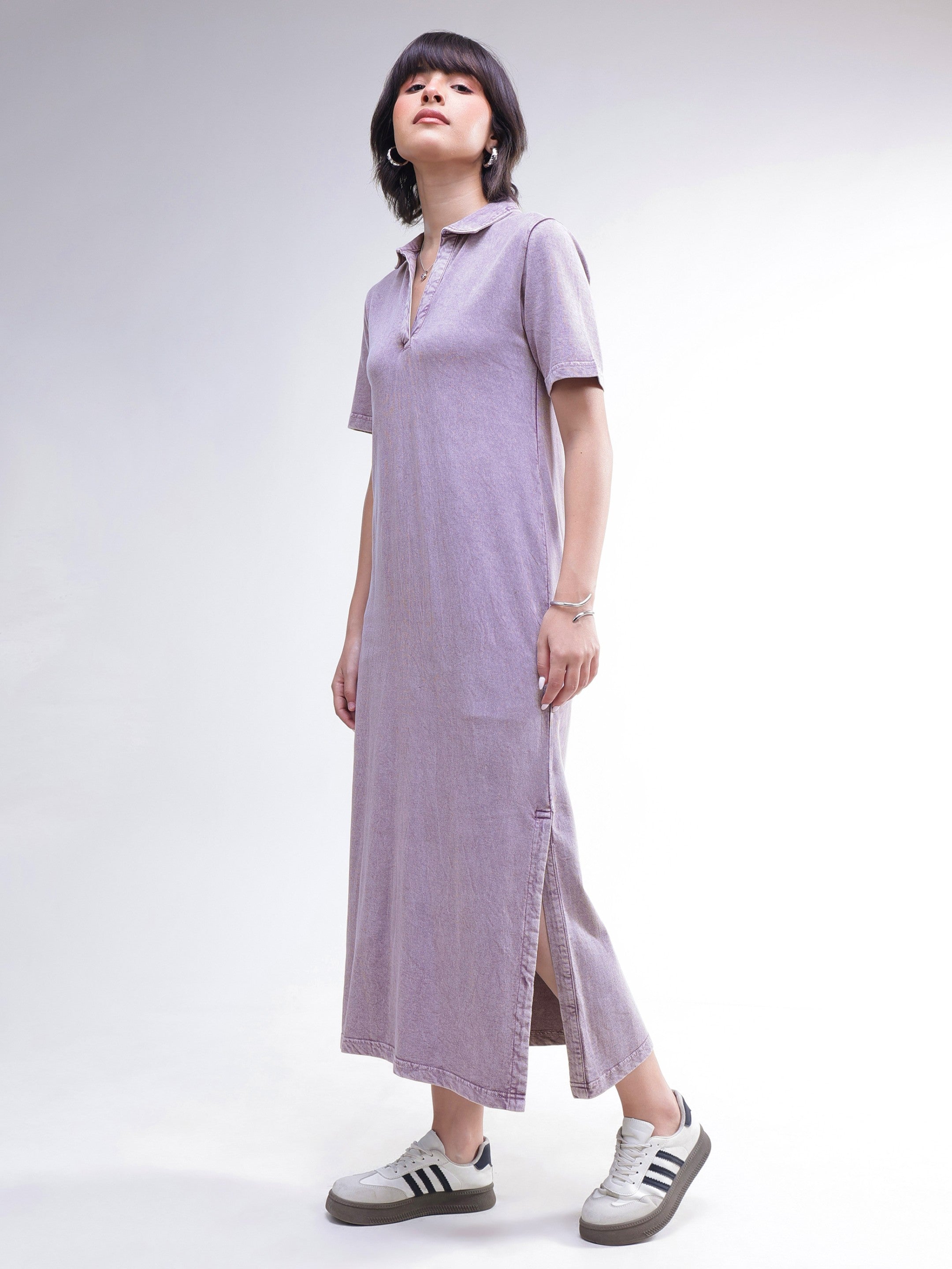 DesiQlo Lavender Overdyed Polo Neck T-Shirt Maxi Dress - Lilac