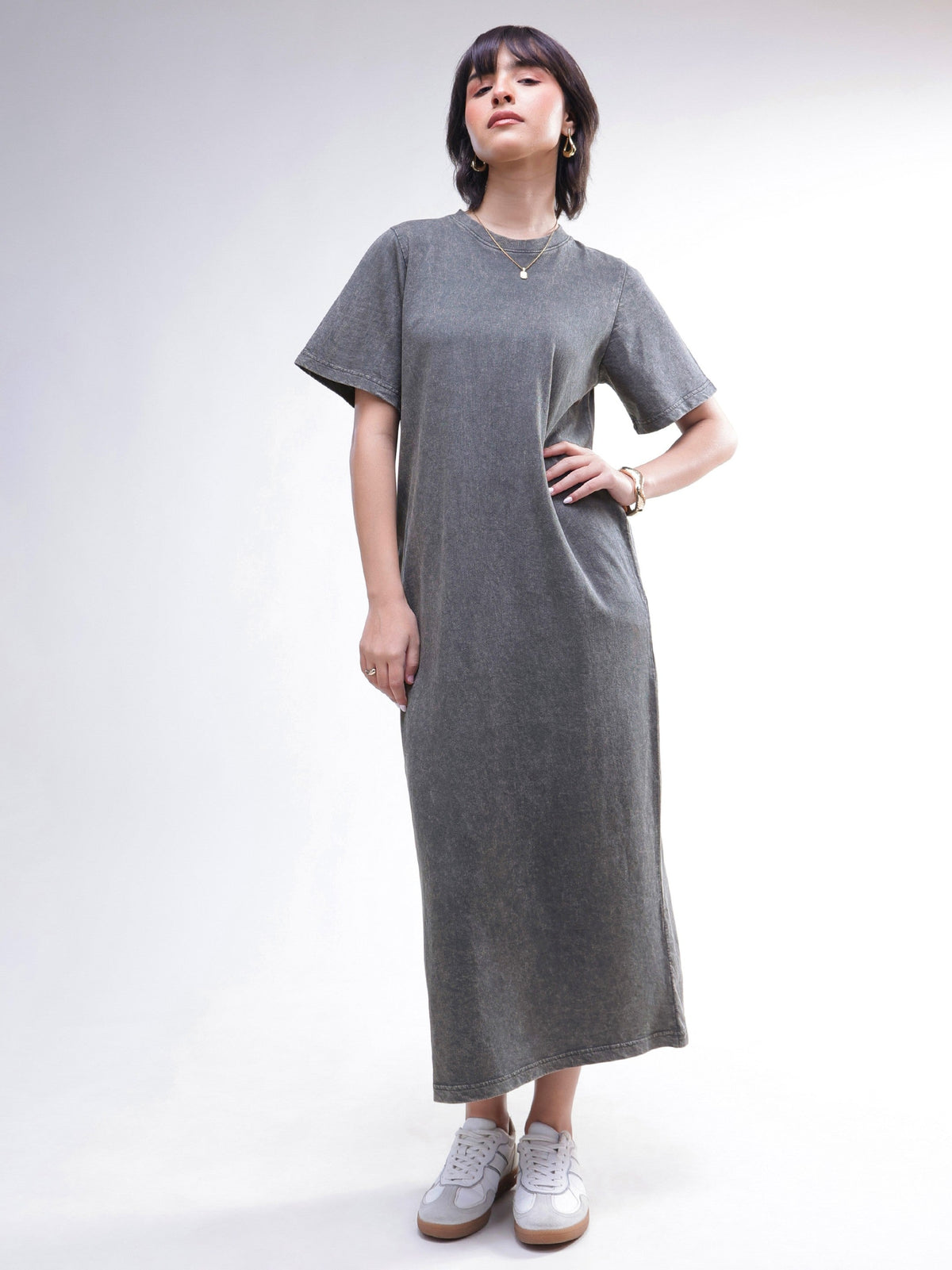 Women Grey Overdyed Short Sleeves T-Shirt Midi Dress