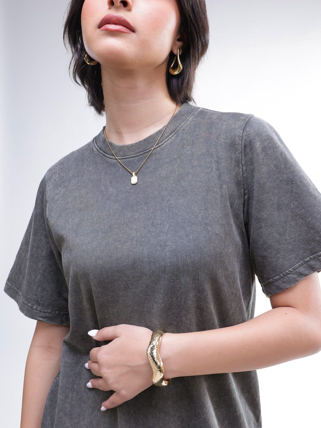 DesiQlo Grey Overdyed Short Sleeves T-Shirt Midi Dress - Grey