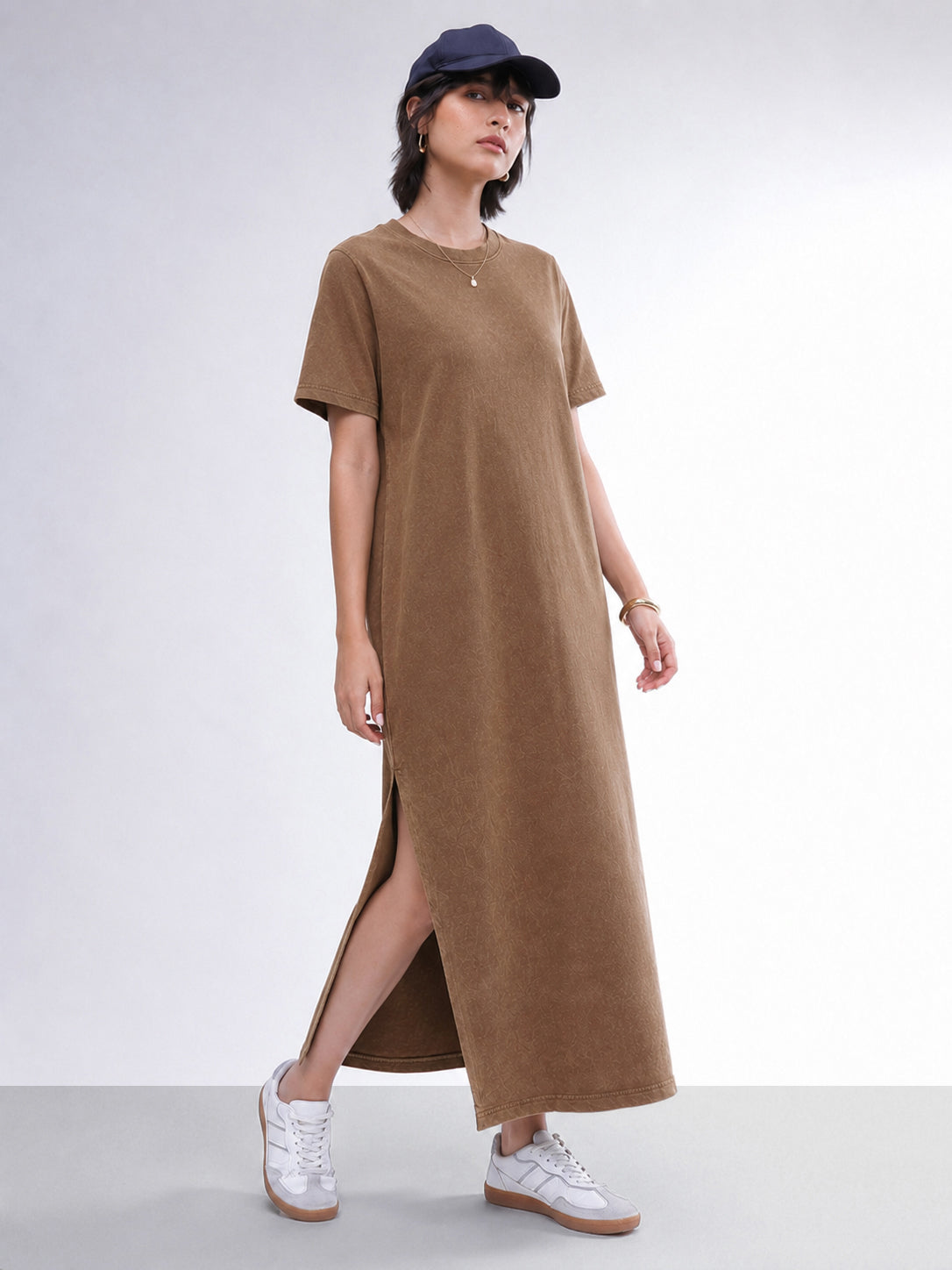 Women Brown Overdyed Short Sleeves T-Shirt Midi Dress