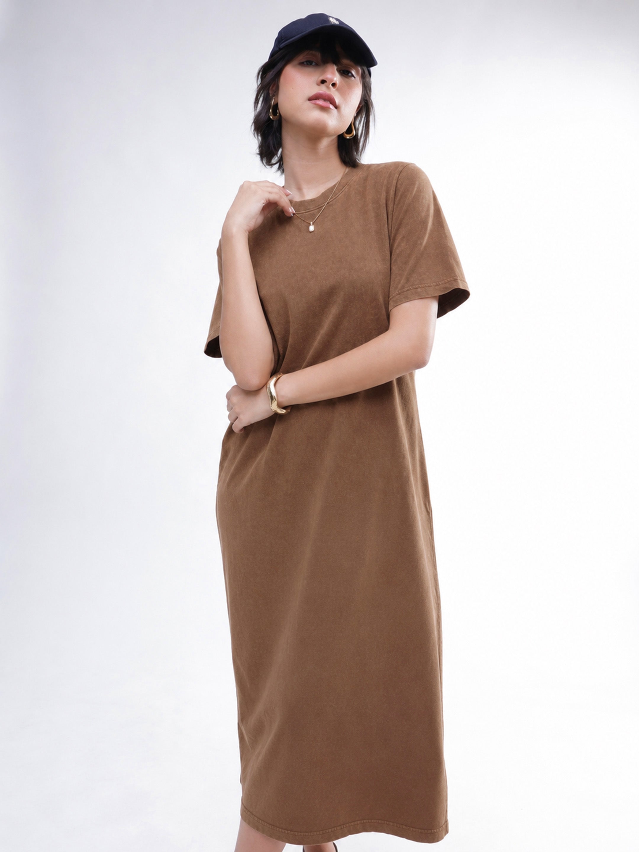 DesiQlo Brown Overdyed Short Sleeves T-Shirt Midi Dress - Brown