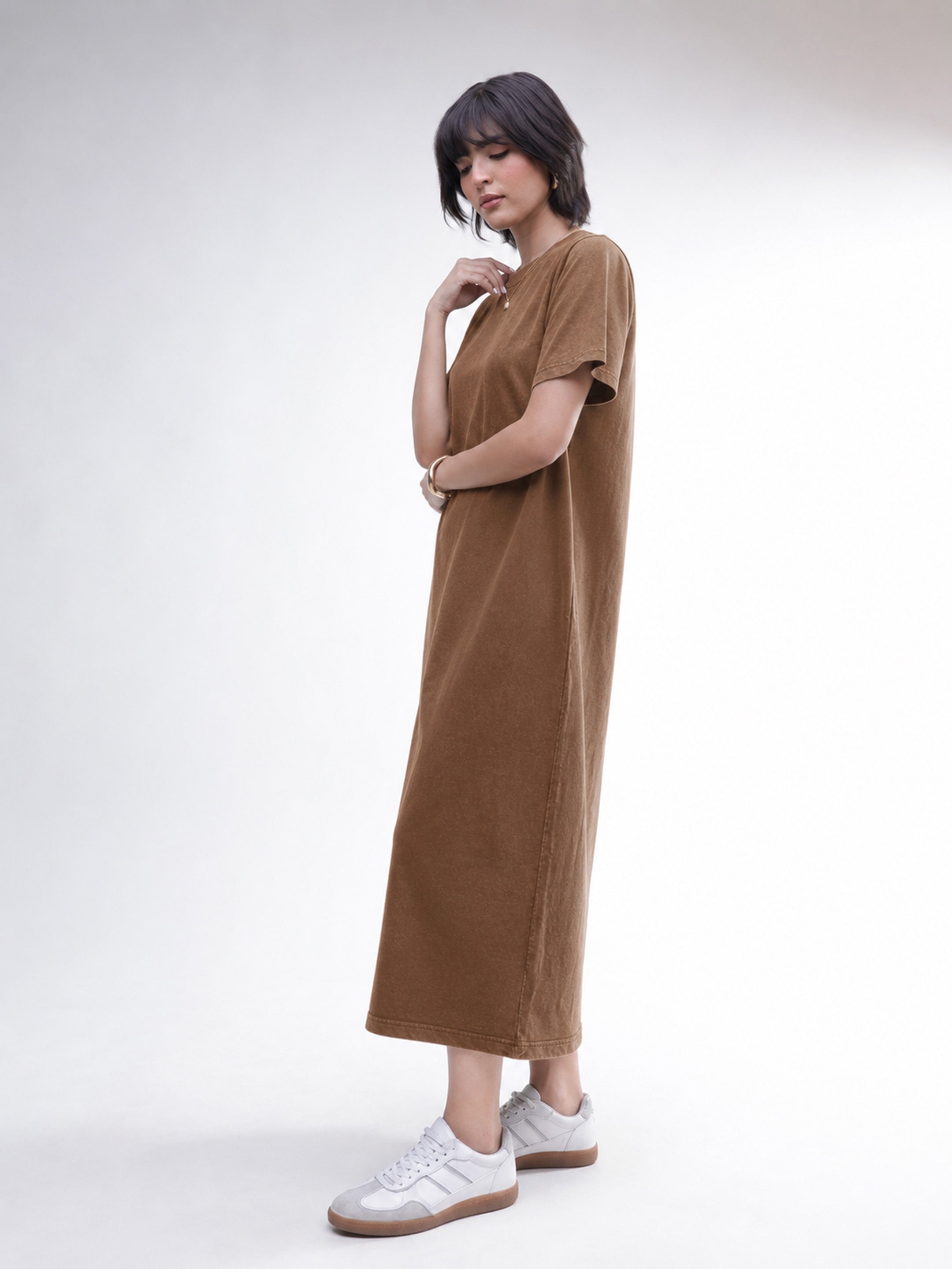 DesiQlo Brown Overdyed Short Sleeves T-Shirt Midi Dress - Brown