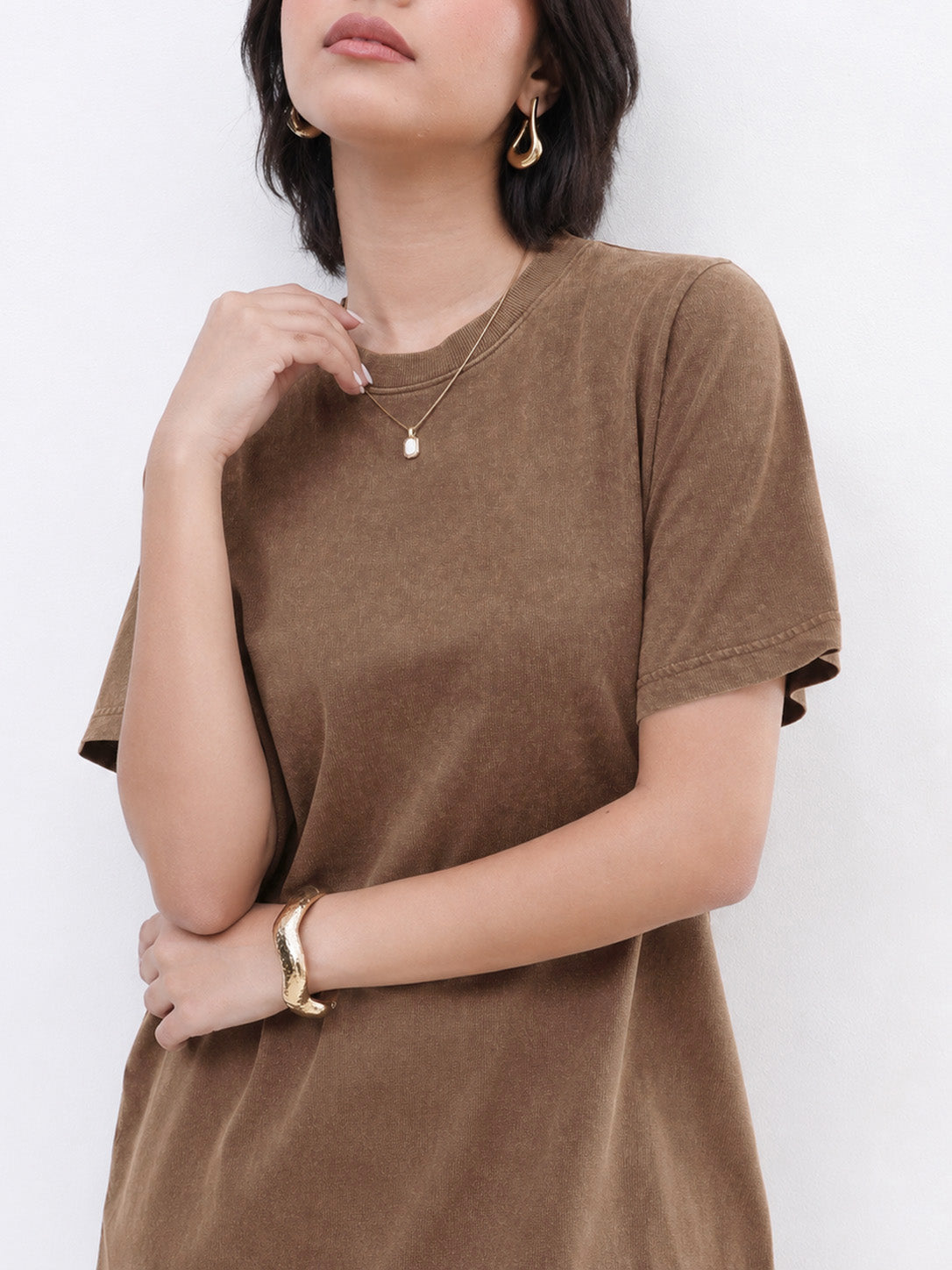 DesiQlo Brown Overdyed Short Sleeves T-Shirt Midi Dress - Brown