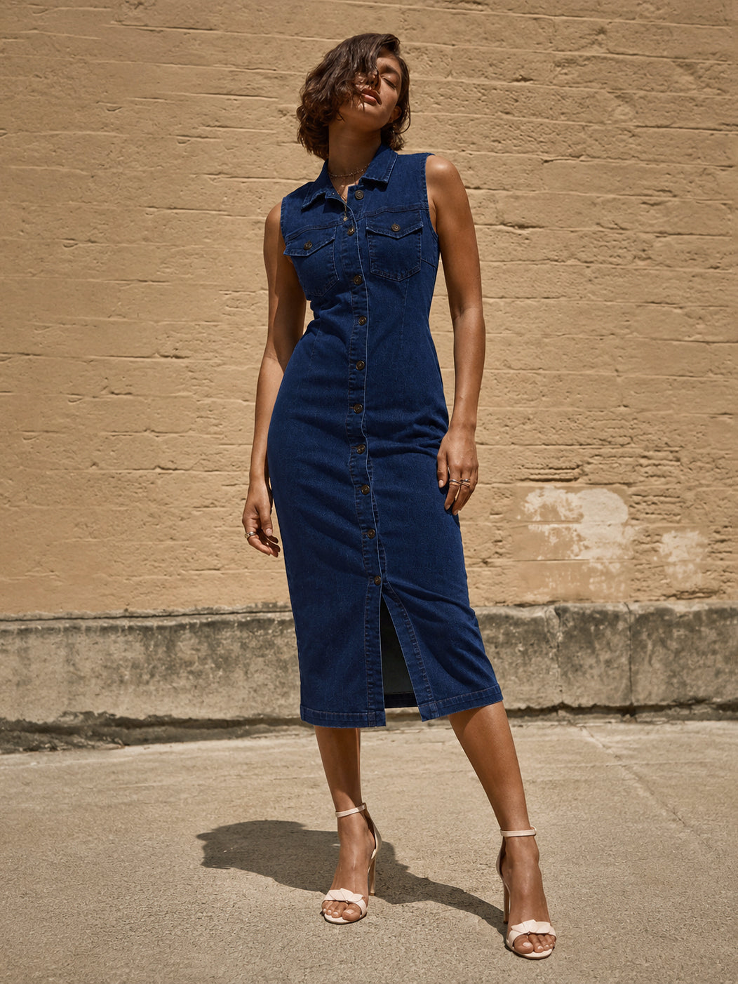 DesiQlo Navy Wash Denim Front Button Midi Dress - Navy Blue